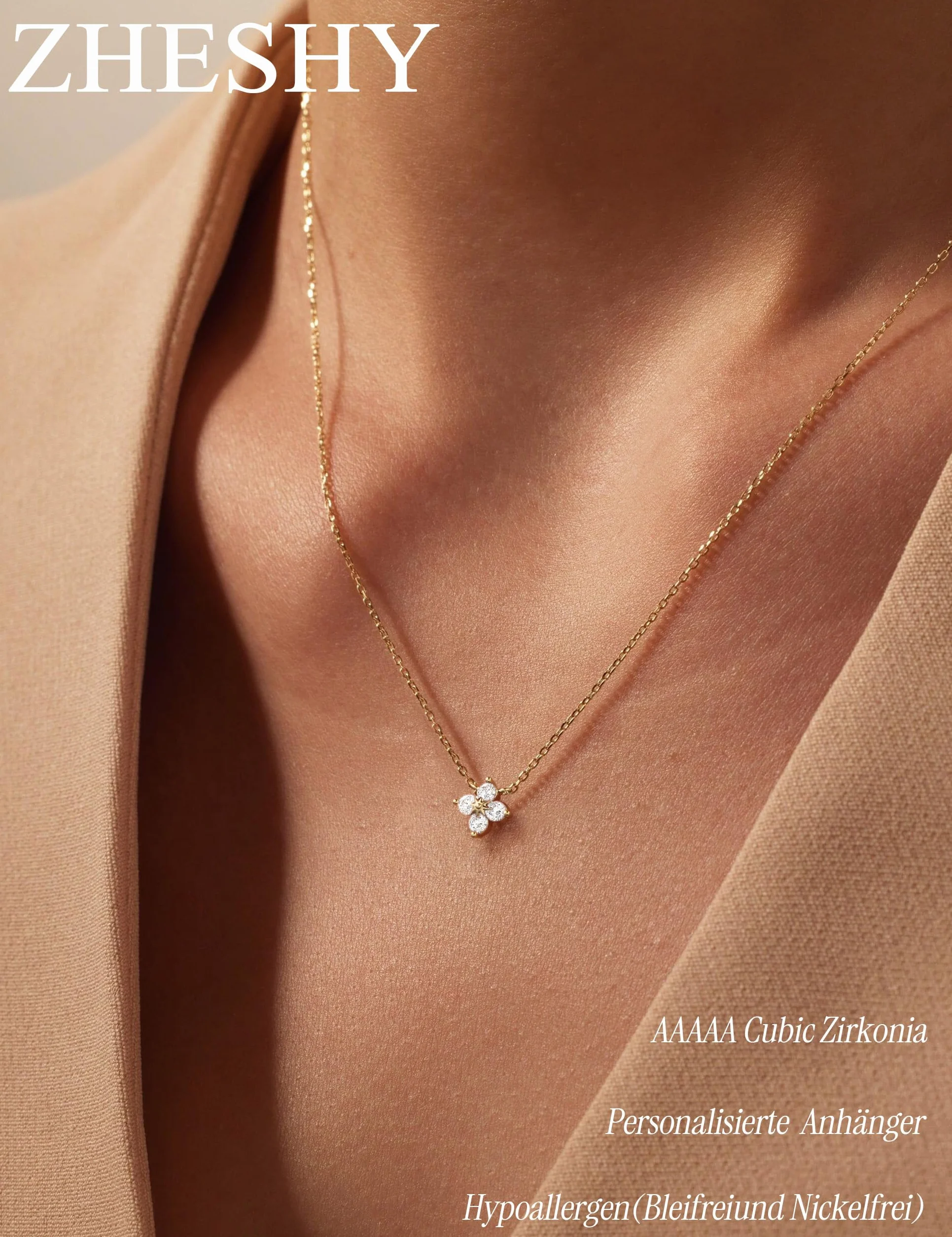 Collier Femme Or Plaqué Or 14k Zircone Cubique Trèfle 4 Feuilles Réglable Imperméable Cadeau