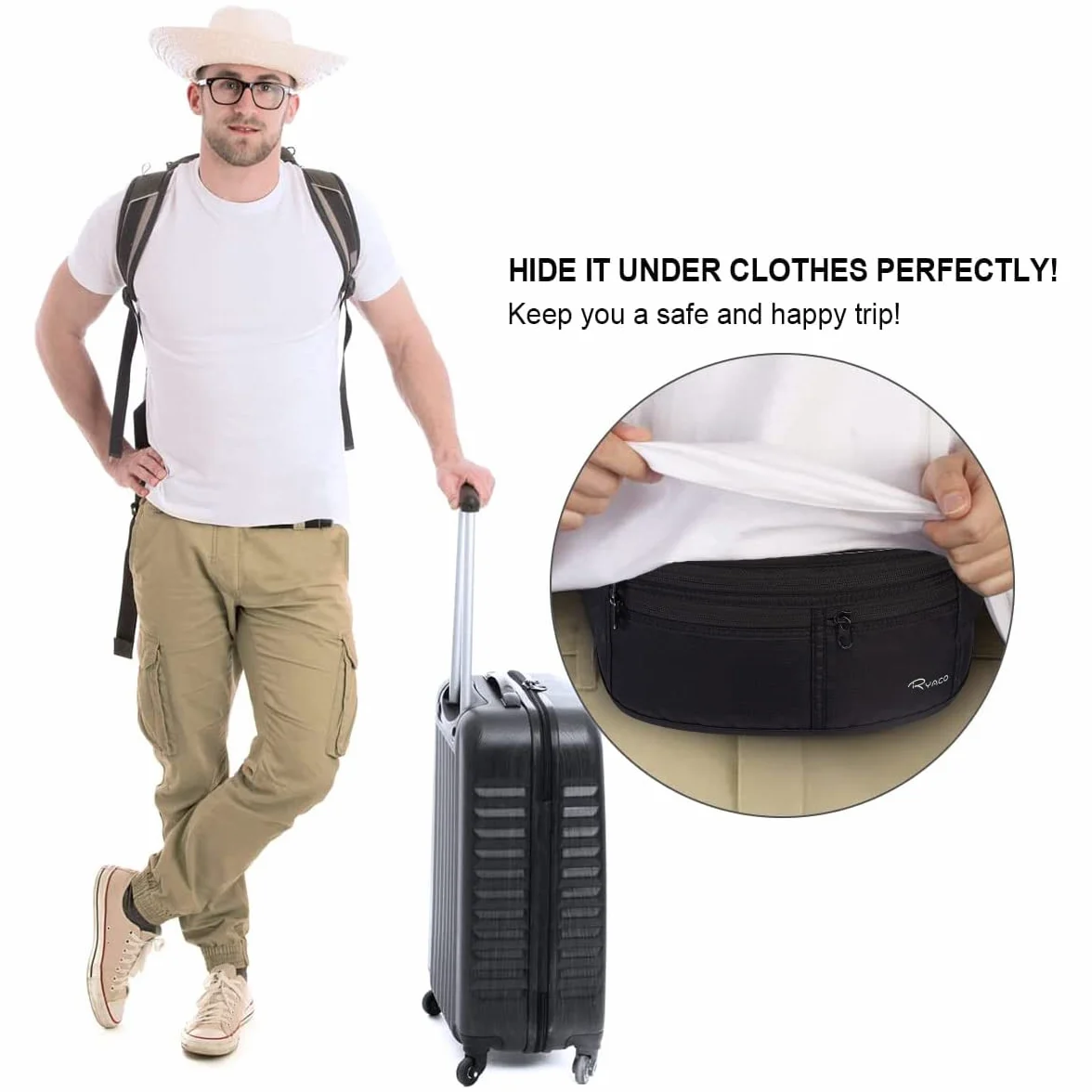 RYACO Ceinture d'argent Voyages Pochette sécurité cachée Cartes passeports RFID Noir