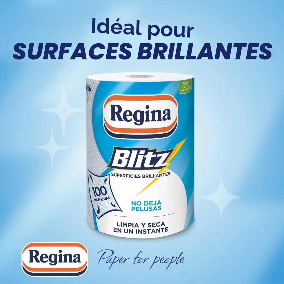 Regina Blitz Lot de 5 rouleaux de papier de cuisine 100 feuilles maxi à 3 couches Idéal pour nettoyer les surfaces domestiques Sans peluches Emballage en papier recyclable