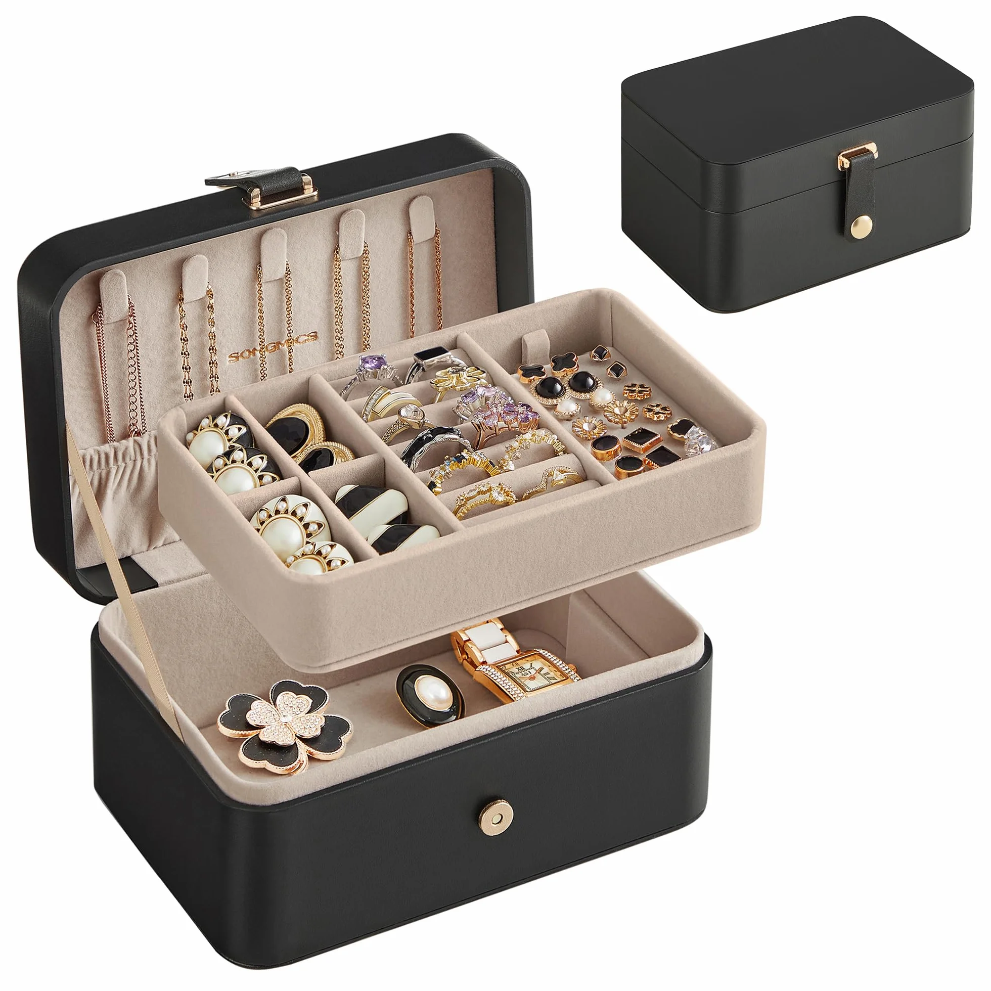 SONGMICS GISELLA Boîte à Bijoux de Voyage 2 Niveaux, Petit Écrin Portable, 11,6 x 16 x 7,5 cm, Noir
