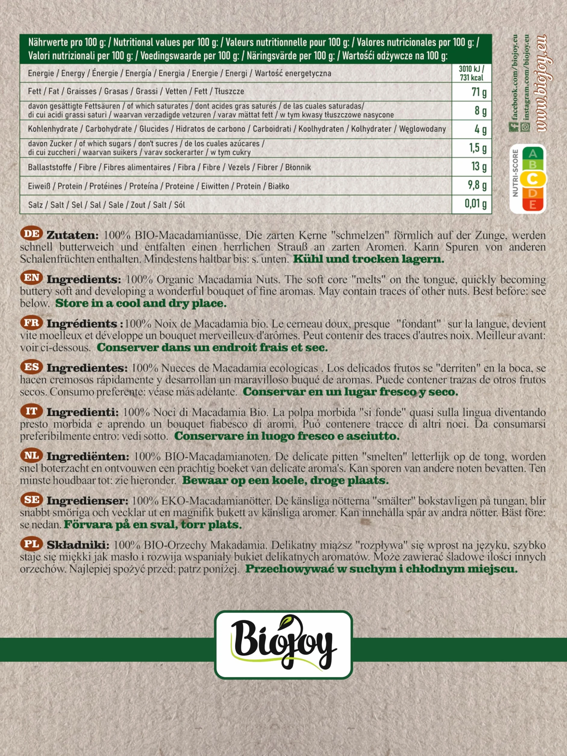Biojoy Noix de Macadamia BIO (1 kg), entières et non salées