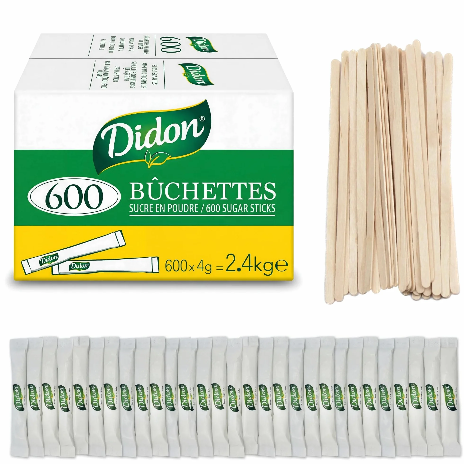 DIDON Sucre 2.4 KG – Lot de 600 sachets - Bûchettes de Sucre Individuels de 4g avec un lot d'agitateurs en bois - Pour les Boissons Chaudes, Cafés et Thés