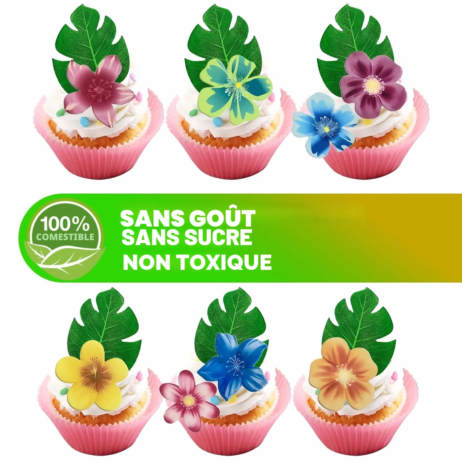 Lot de 83 décorations de gâteau en papier comestible : 35 fleurs comestibles, 48 feuilles comestibles pour cupcakes, décorations d'anniversaire jungle, idéales pour les fêtes hawaïennes et les