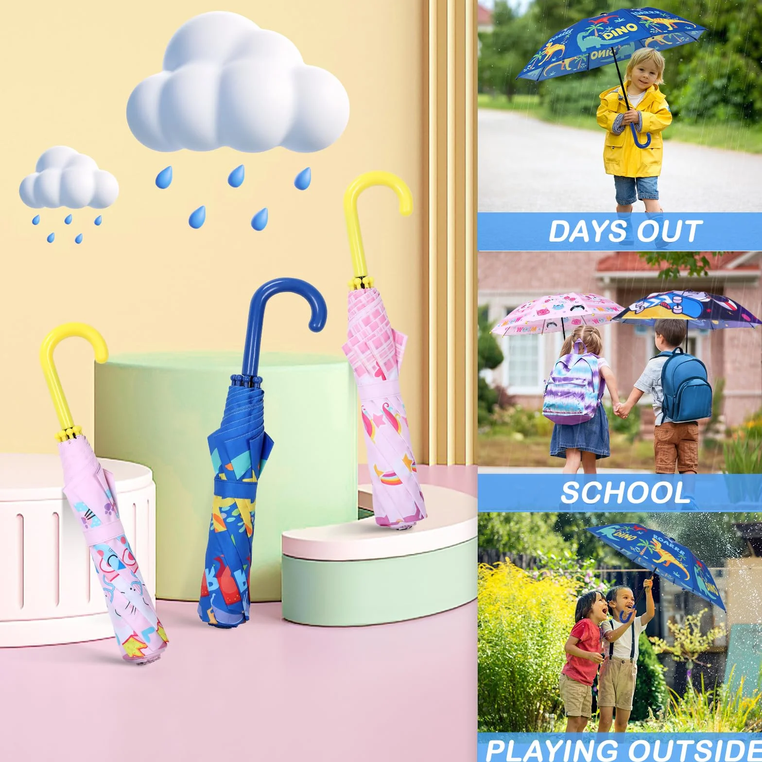 Parapluie Enfant avec Housse Coupe-vent Durable Pliant Canne Motif Mignon Dinosaures