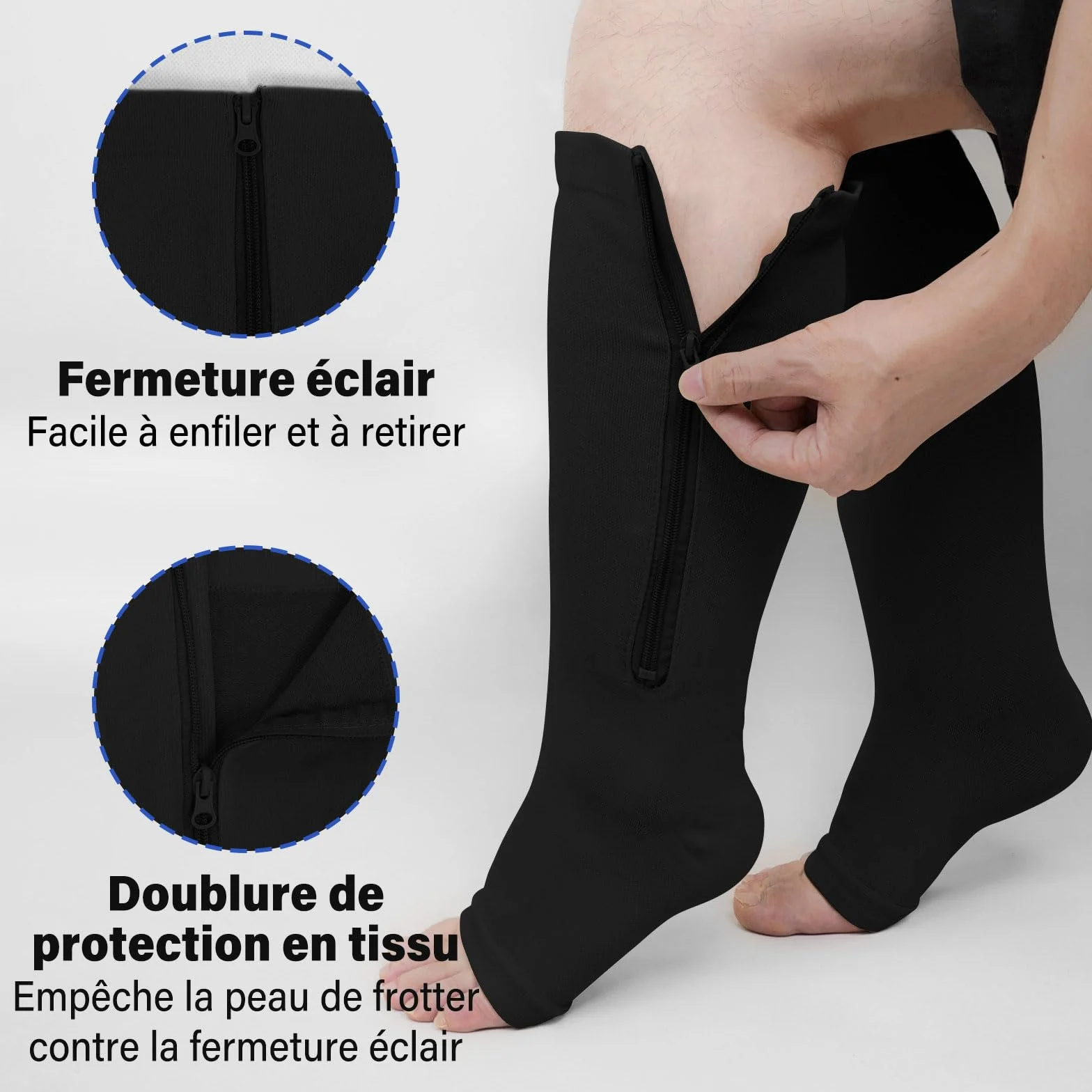 PUTUO Bas de Contention Grande Taille Chaussettes de Contention Zippées à Bout Ouvert pour Femme Hommes