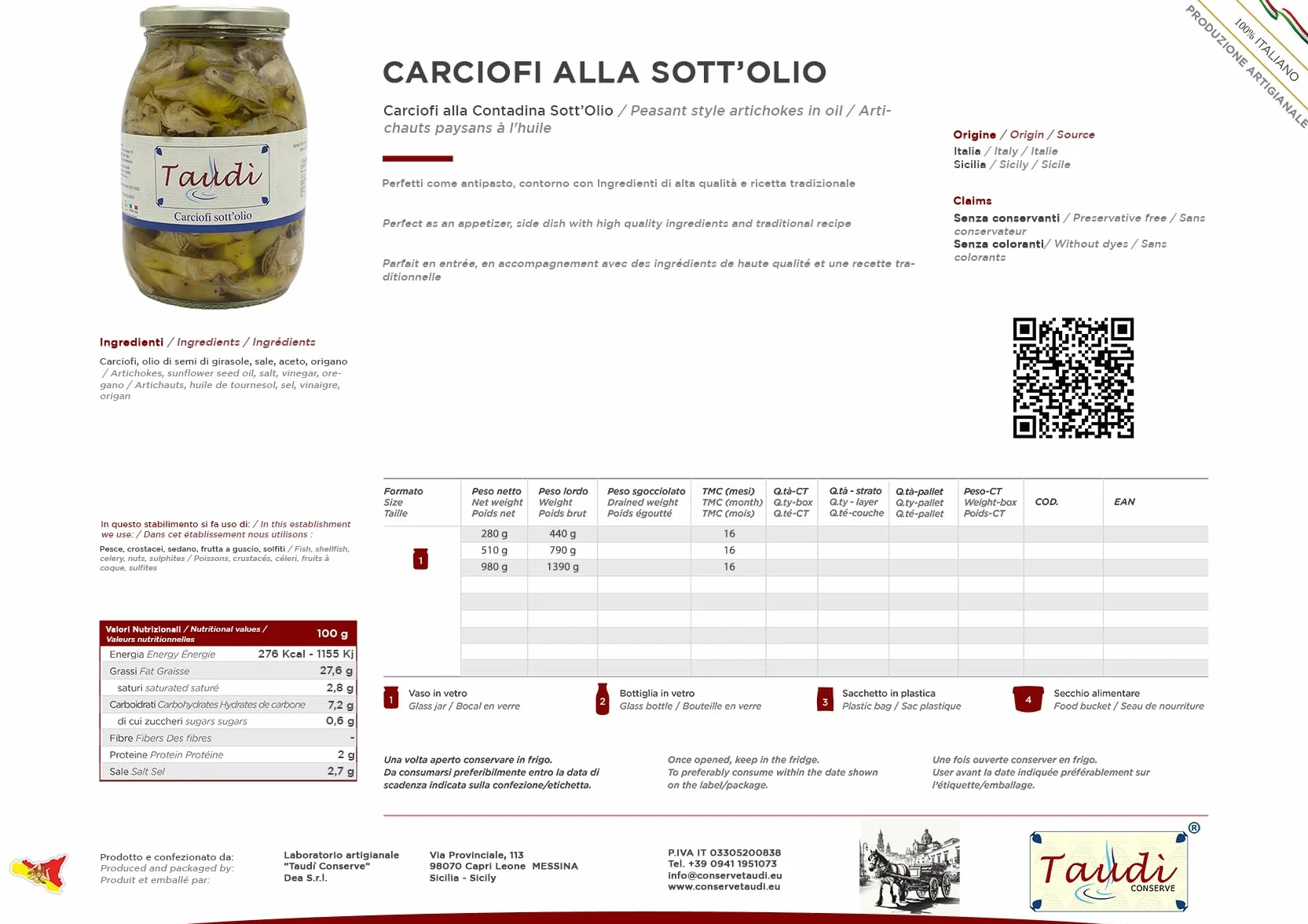 Taudì Conserve – Cœurs d’Artichauts à l’Huile d’Olive – Recette Artisanale Sicilienne – 100% Naturel, Sans Conservateurs – Idéal pour Apéritifs, Salades & Plats Gourmets – Pot en Verre 510 g