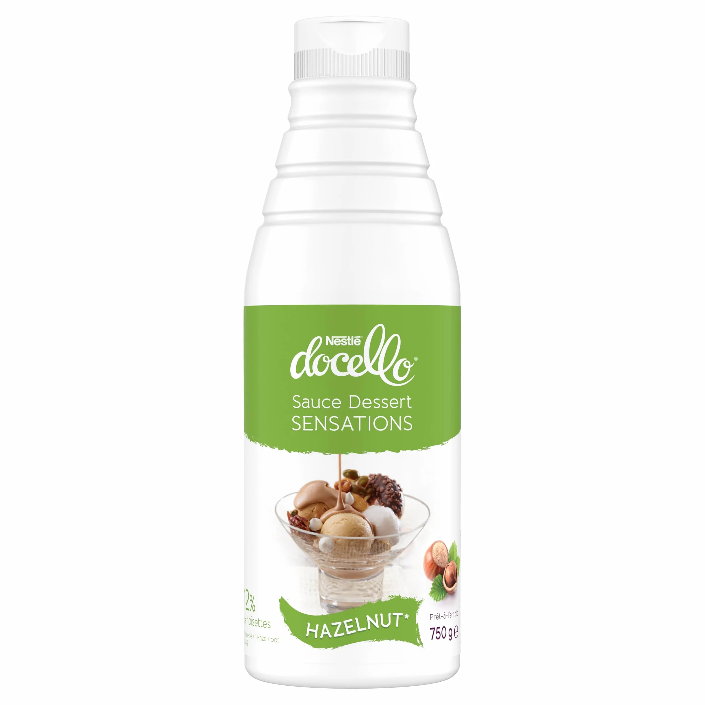 NESTLÉ DOCELLO Sauce Sensation Hazelnut - Sauce Dessert Noisette - Forte Teneur en Noisette (12%) - Aide à la Pâtisserie, Topping, Nappage Gâteau, Coulis - Bouteille Squeeze - 750g