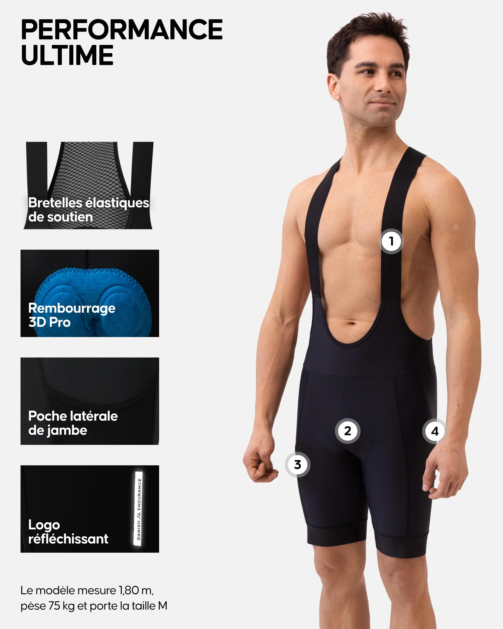 DANISH ENDURANCE Cuissard Vélo à Bretelles Homme, Rembourrage 3D, Respirant & Stretch