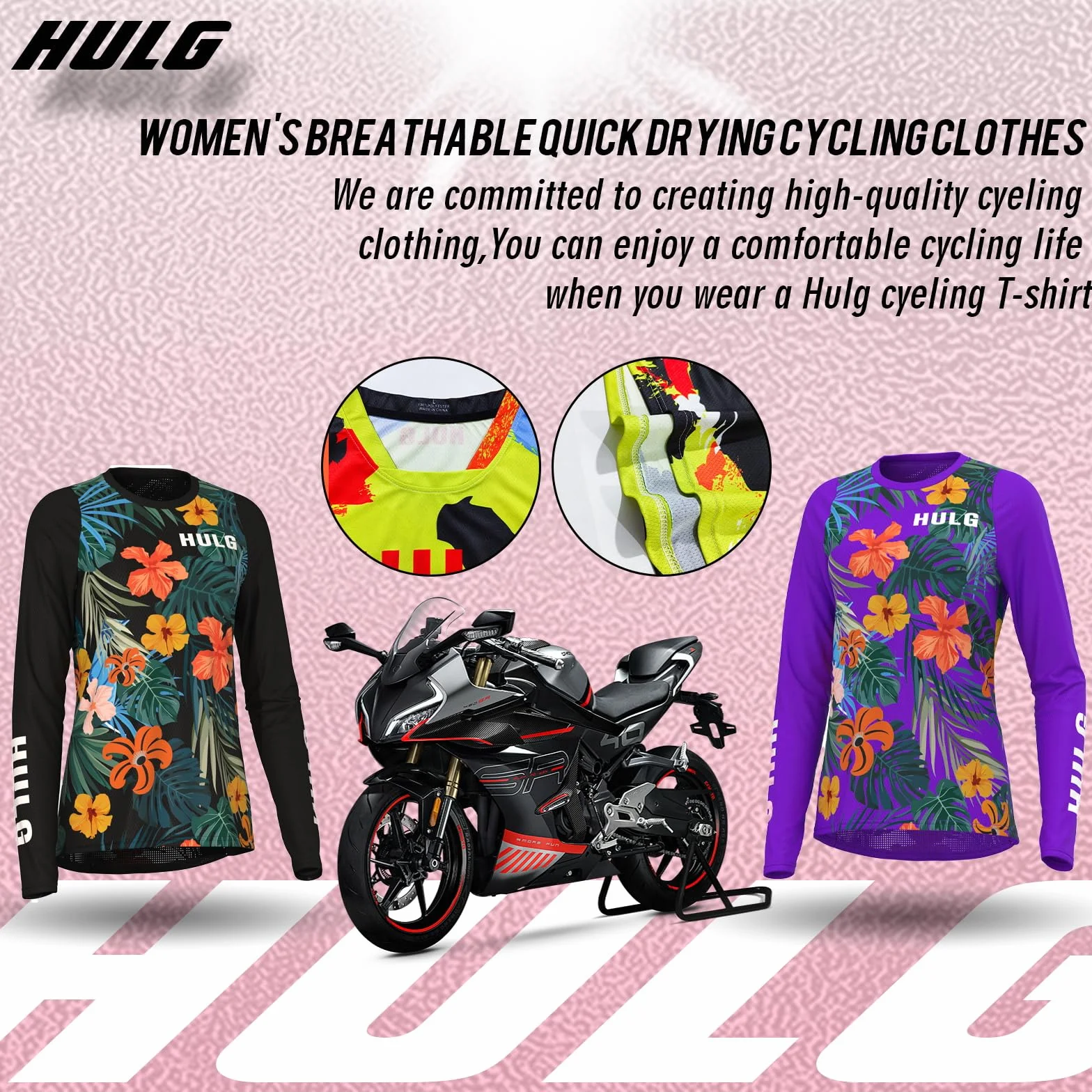 HULG Maillot de Cyclisme Femme Manches Longues, VTT, 100% Polyester, Séchage Rapide, Respirant