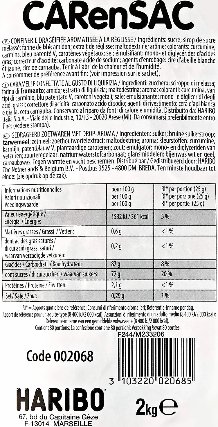 HARIBO - Car en Sac – Bonbons à la Réglisse – Sachet Vrac 2 kg