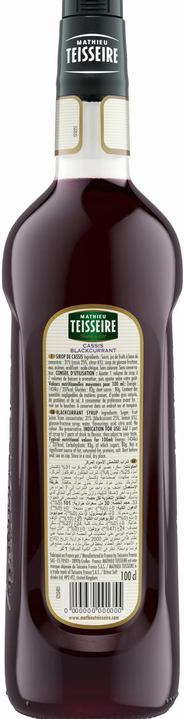 Sirop de Cassis Mathieu Teisseire, pour boissons, smoothies, cocktails, cidres, bières, milk-shakes, bouteille de 1L