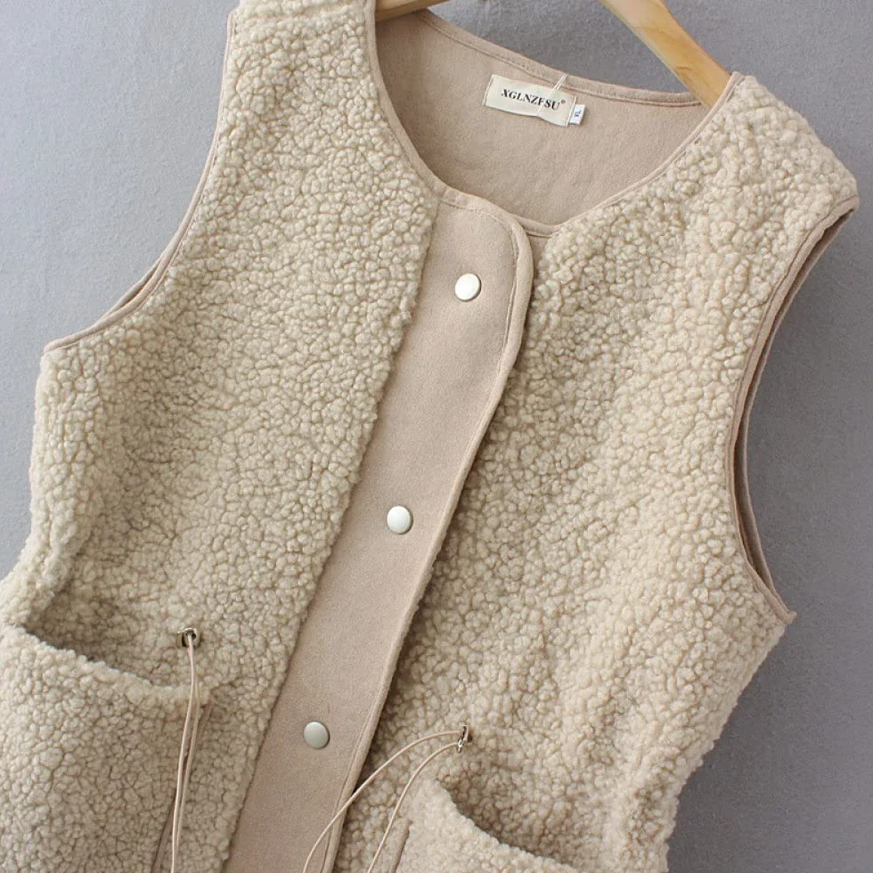 Doudoune Femme Sans Manches Polaire D'Agneau Veste Beige Col Rond Grande Taille Gilet Chaud Hiver
