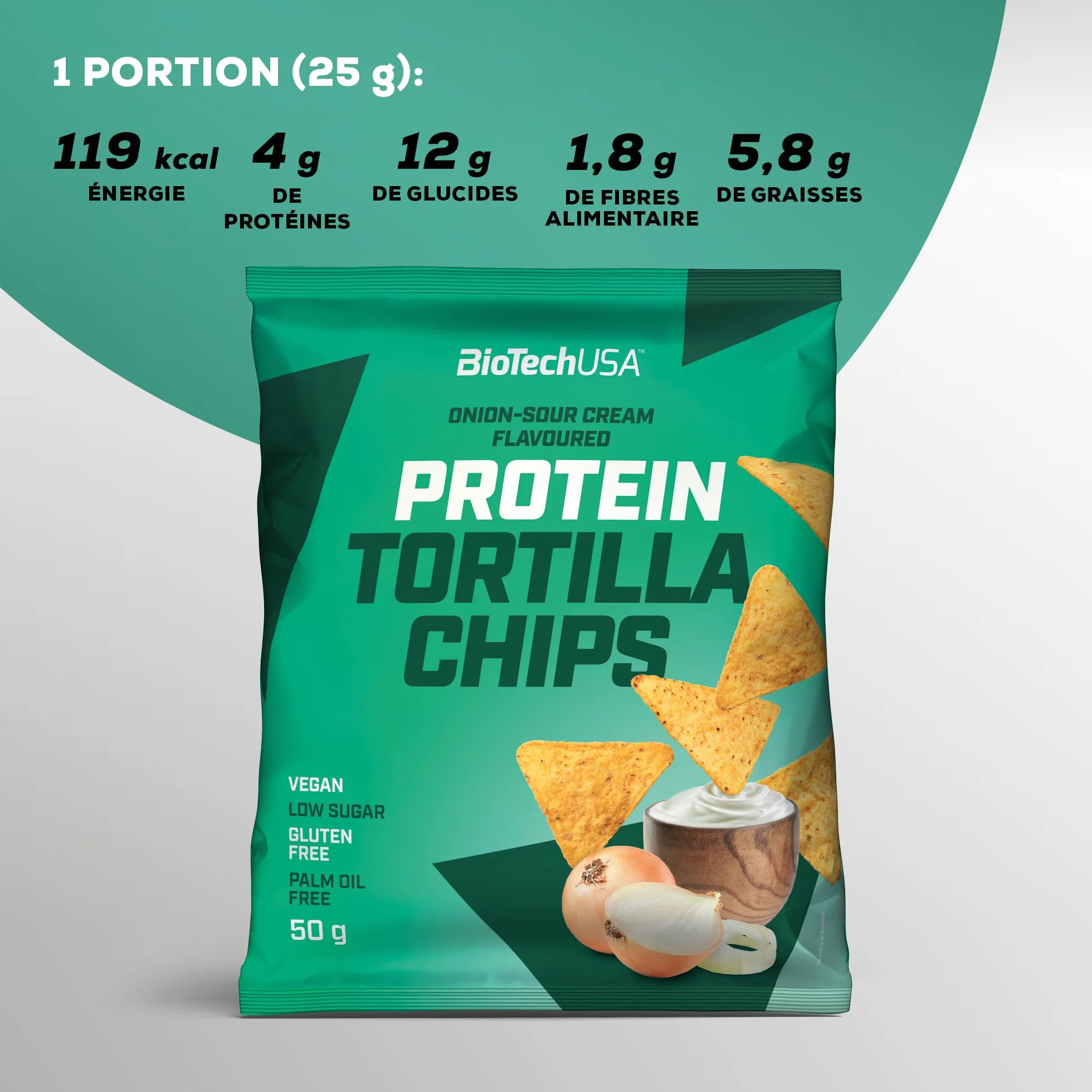 BioTechUSA Protein Tortilla Chips | Source de protéines | Protéines d'avoine et de pois | Végétalien | Sans conservateur, 3 * 50g, Crème et oignon