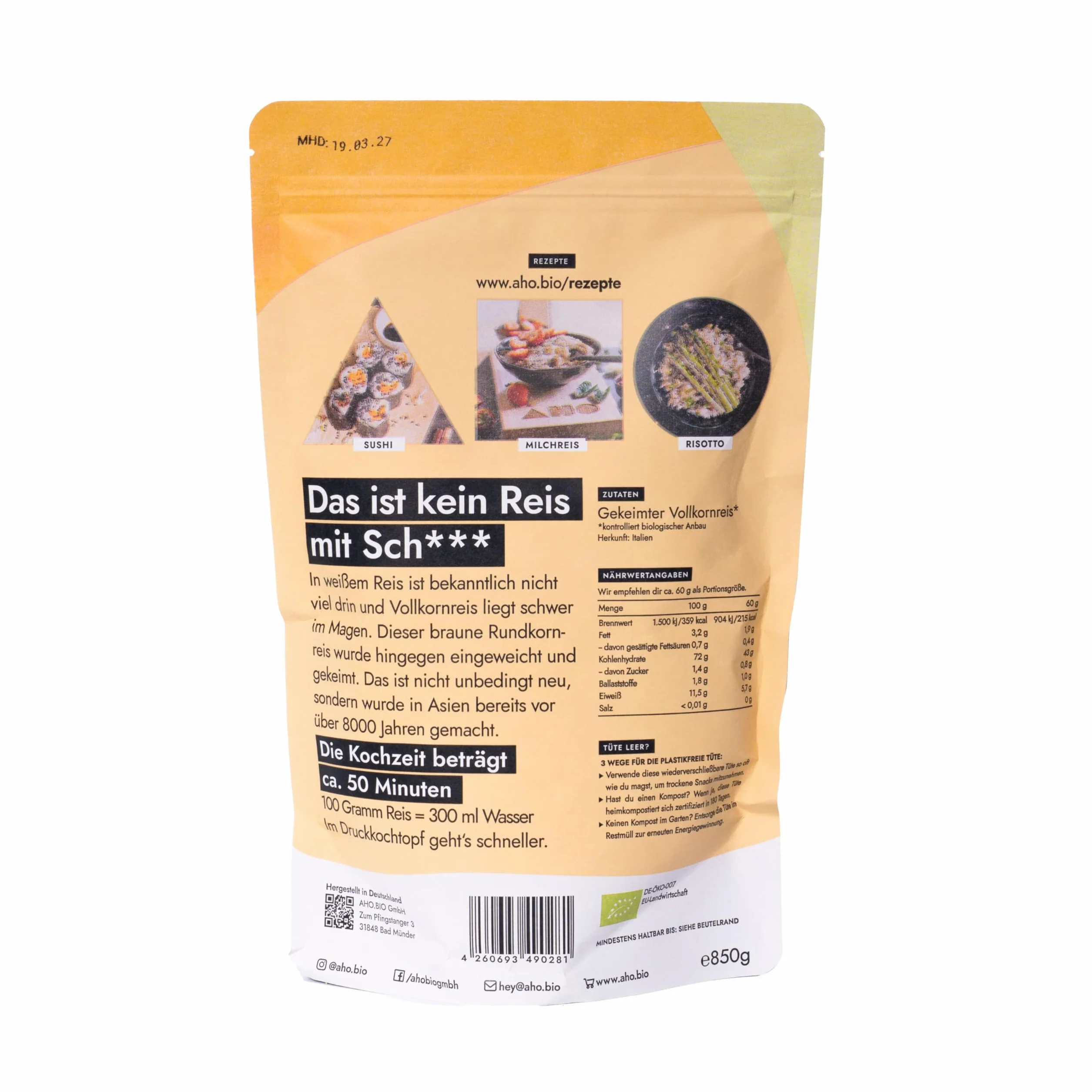 AHO Spices Riz 850 g, riz germé biologique, riz naturel à grains entiers, riz GABA, contient de l'acide gamma aminobutyrique