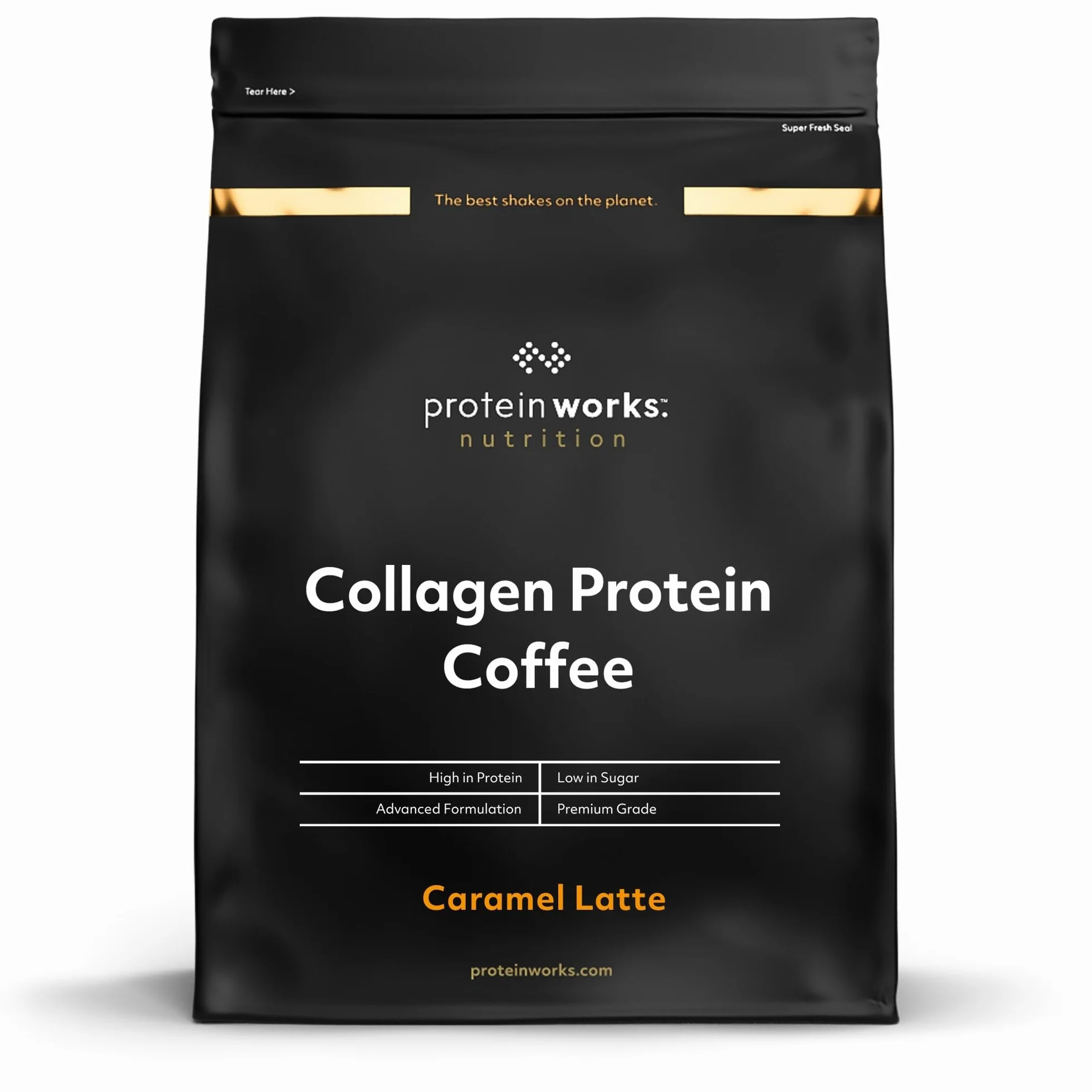 Protein Works - Café protéiné au collagène, poudre de collagène bovin, collagène hydrolysé de qualité supérieure, caramel latte, 950 g, 38 portions