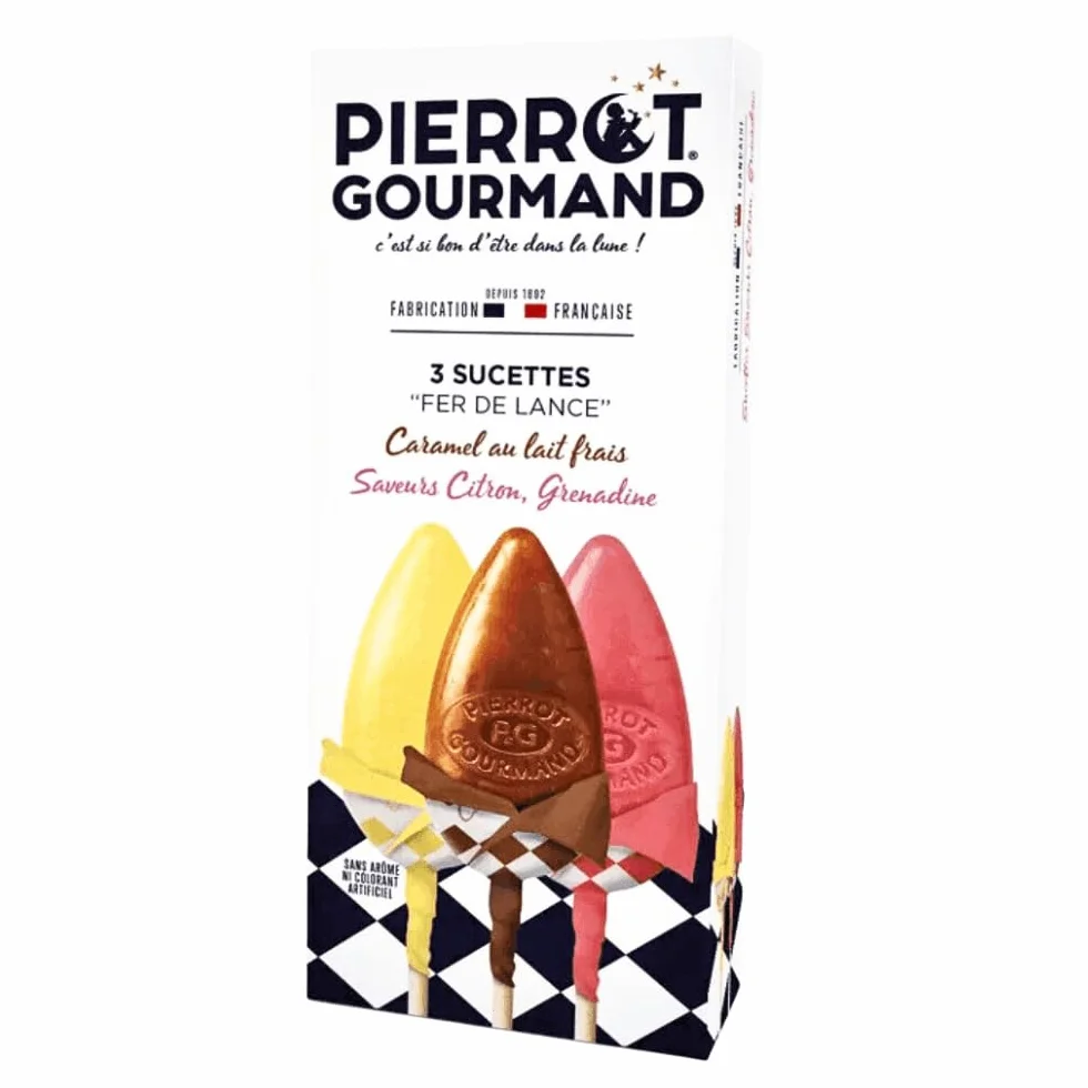 Pierrot Gourmand - Etui 3 sucettes - Fer de lance - Caramel au lait frais, citron et grenadine