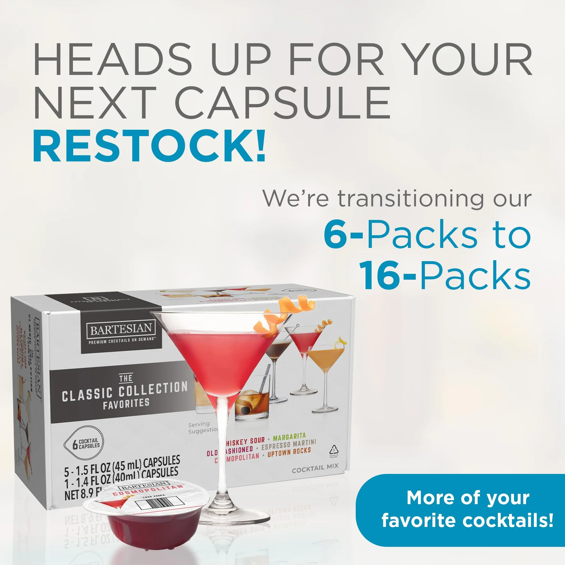Bartesian The Classic Collection 55524 Lot de 6 capsules à cocktail pour machine à cocktail Bartesian Premium