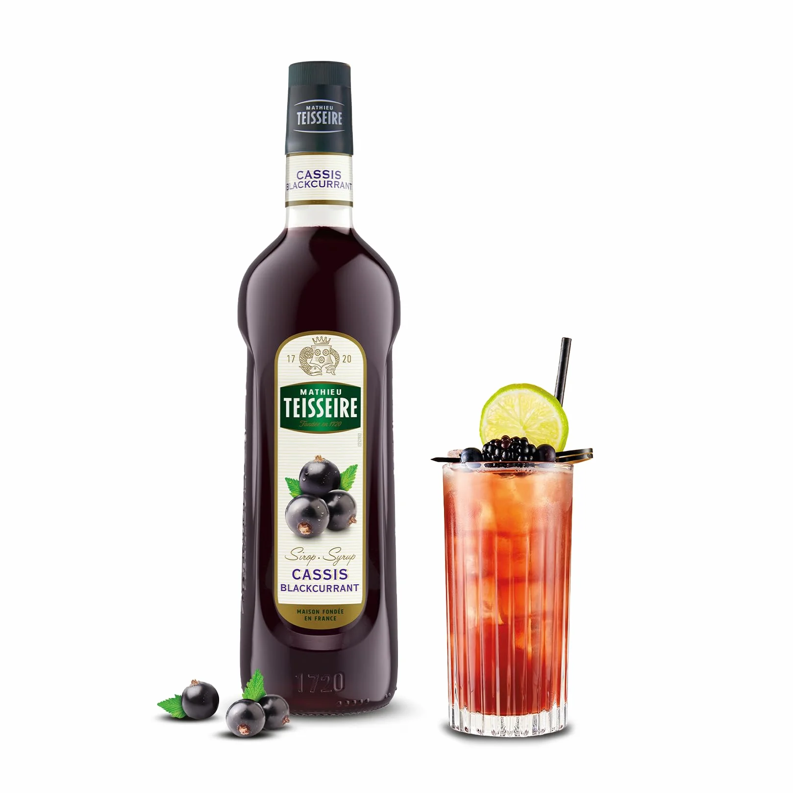Sirop de Cassis Mathieu Teisseire, pour boissons, smoothies, cocktails, cidres, bières, milk-shakes, bouteille de 1L