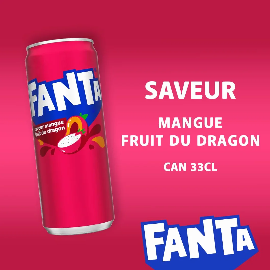 Fanta Saveur Mangue Fruit du Dragon, Boisson Gazeuse, Canette 33cl, Lot de 24