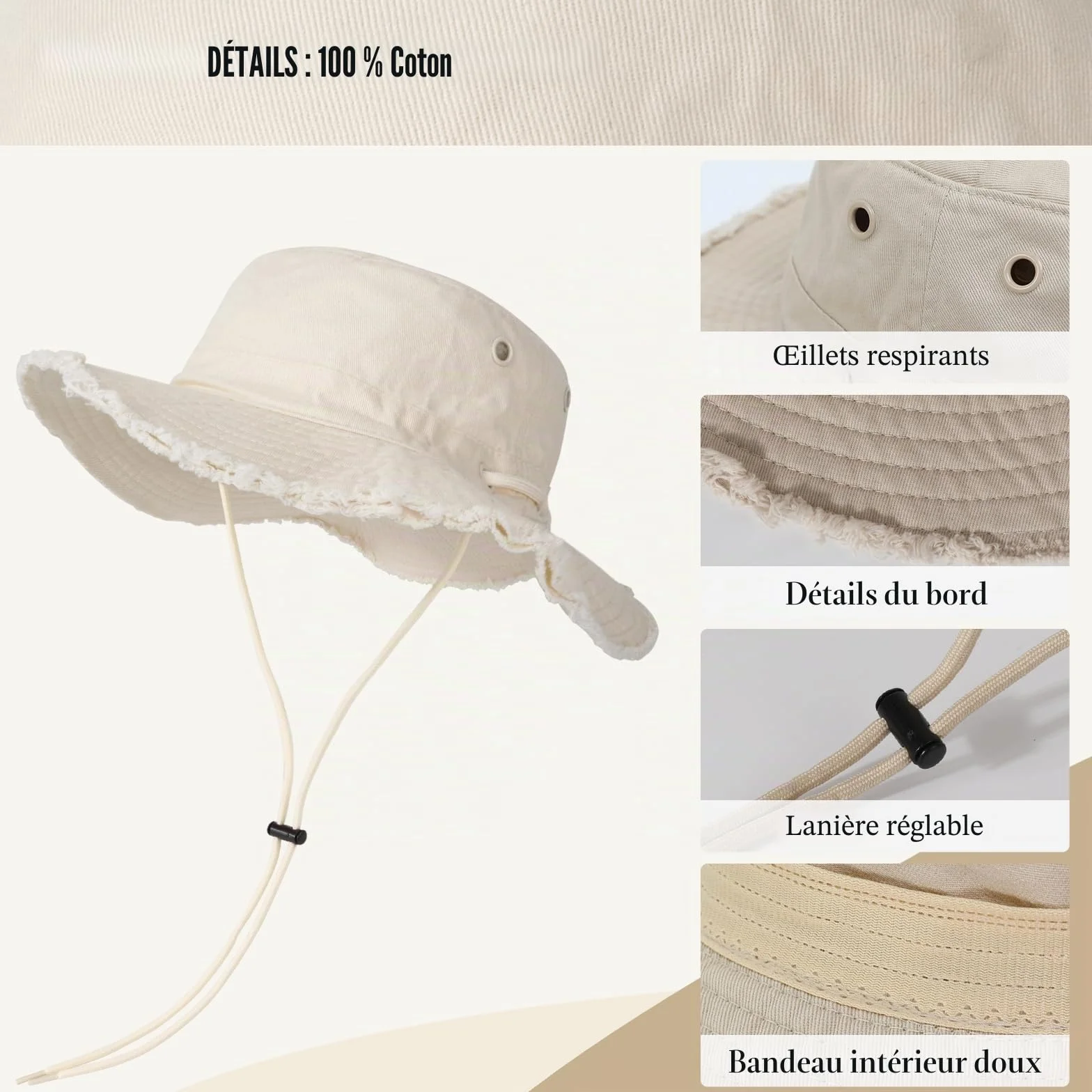 Chapeau Anti UV Femme, Chapeau de Pêche Protection Solaire en Coton, Large Bord Style Bob Respirant Pliable Bucket Hat pour Randonnée Camping