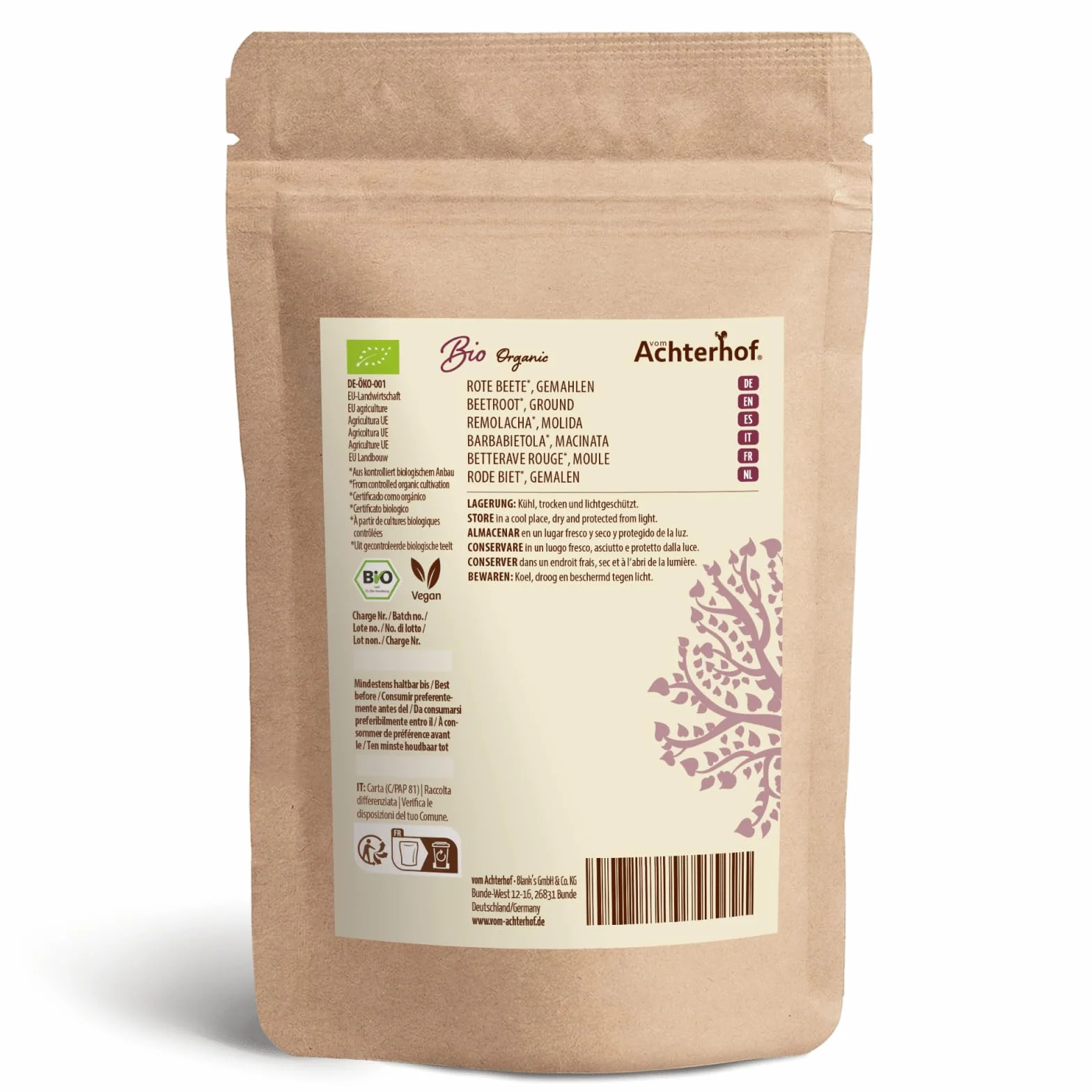Poudre de betterave rouge bio 500g | terreuse, savoureuse et sucrée | utilisable crue ou cuite | idéale pour colorer les aliments | vom Achterhof