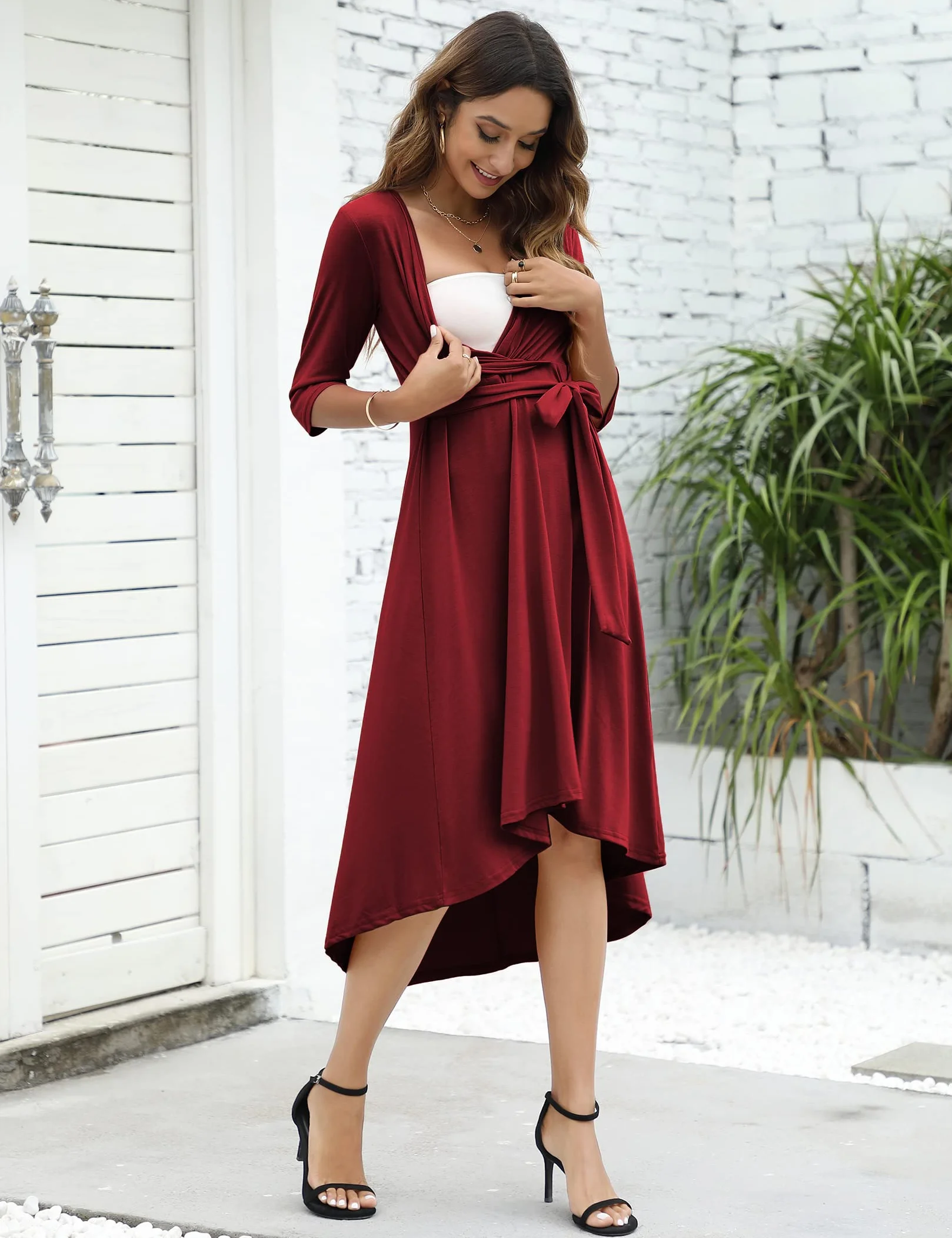 KOJOOIN Robe De Maternité d'Allaitement Festive Col en V Manches 3/4 avec Ceinture