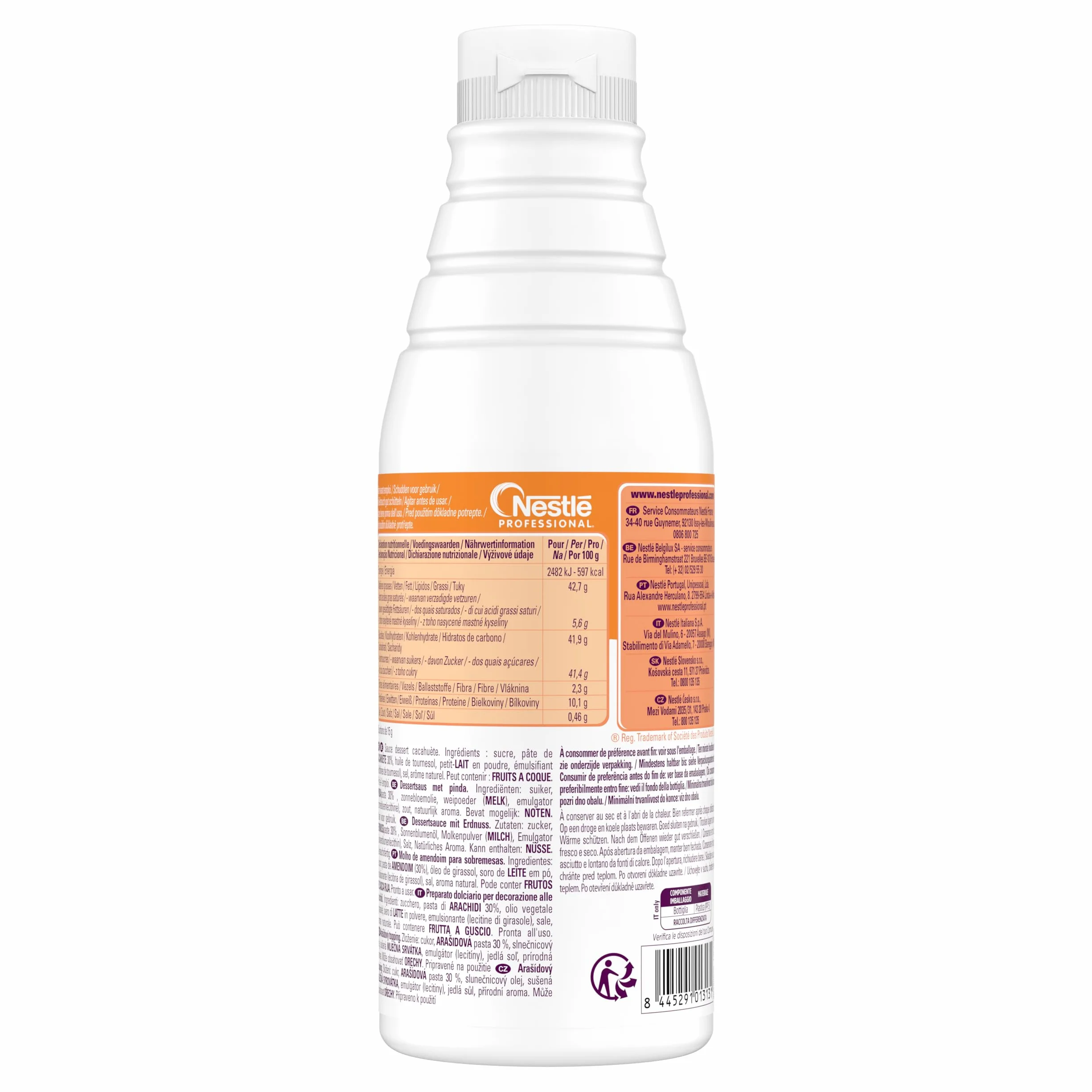 NESTLÉ DOCELLO Sauce Sensation Peanut - Sauce Dessert Cacahuète - Forte Teneur en Cacahuète (30%) - Aide à la Pâtisserie, Topping, Nappage Gâteau, Coulis - Bouteille Squeeze - 750g