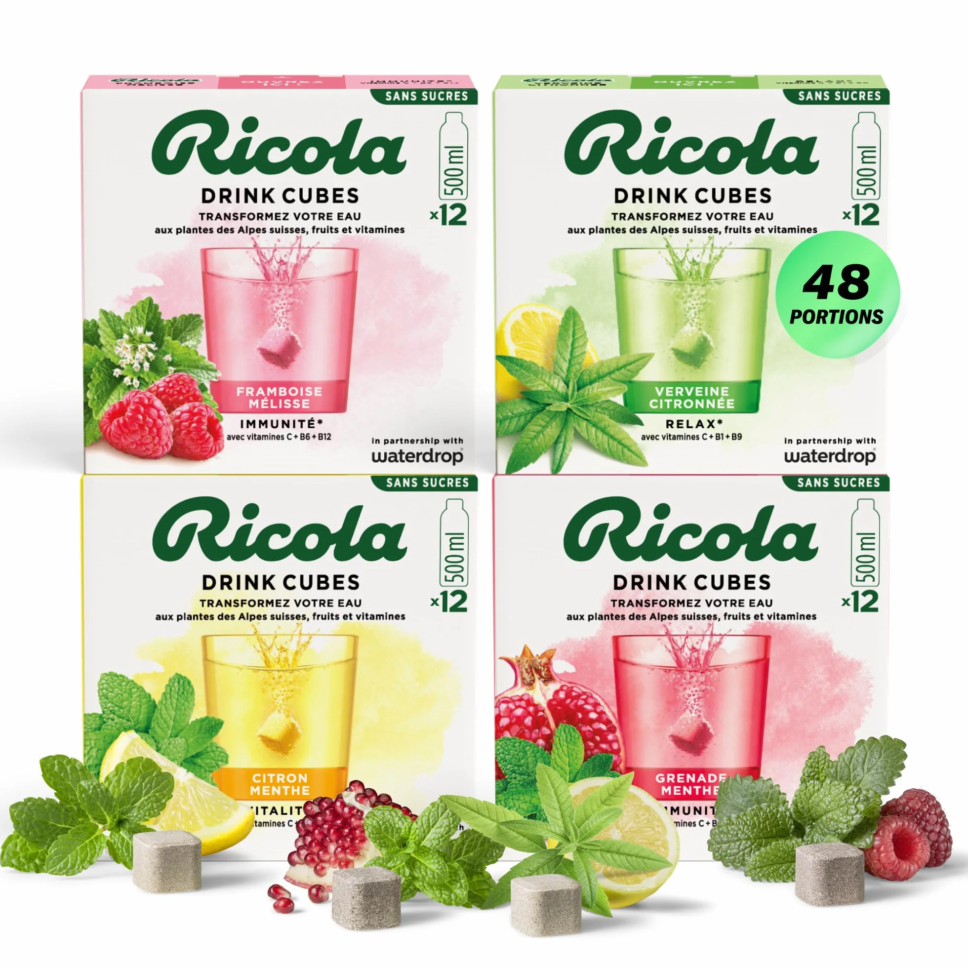 waterdrop® x Ricola - 48 Pastilles Pour Boisson en Saveurs Verveine Citronnée, Grenade Menthe, Framboise Mélisse & Citron Menthe, Cubes de Boisson Vegan, Vitamine C & B, Eau Aromatisée Sans Sucre