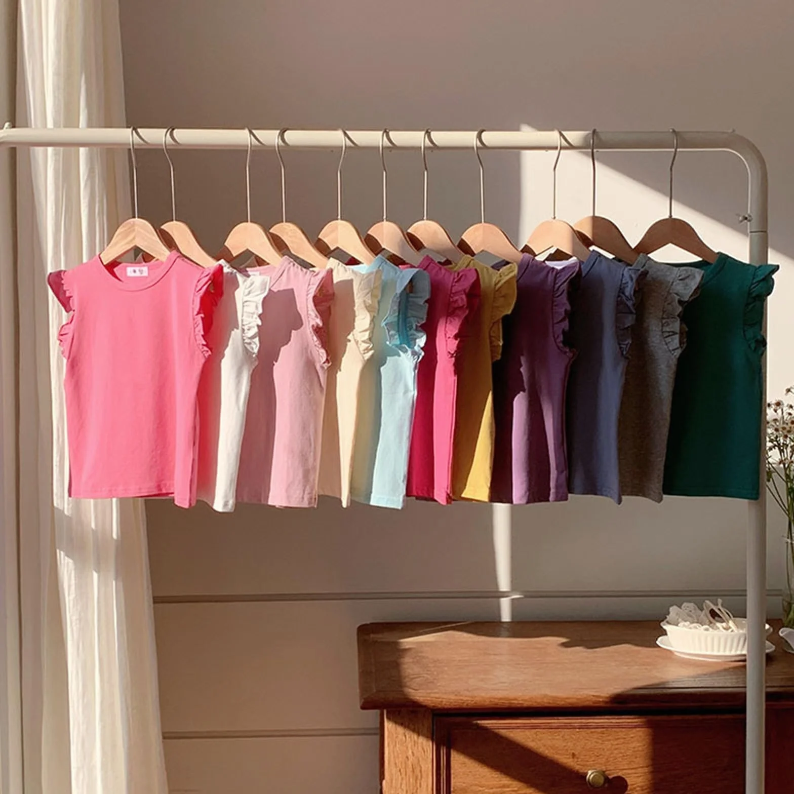 T-shirt d'été à volants pour filles en coton - Col rond - Respirant - Vêtement de danse