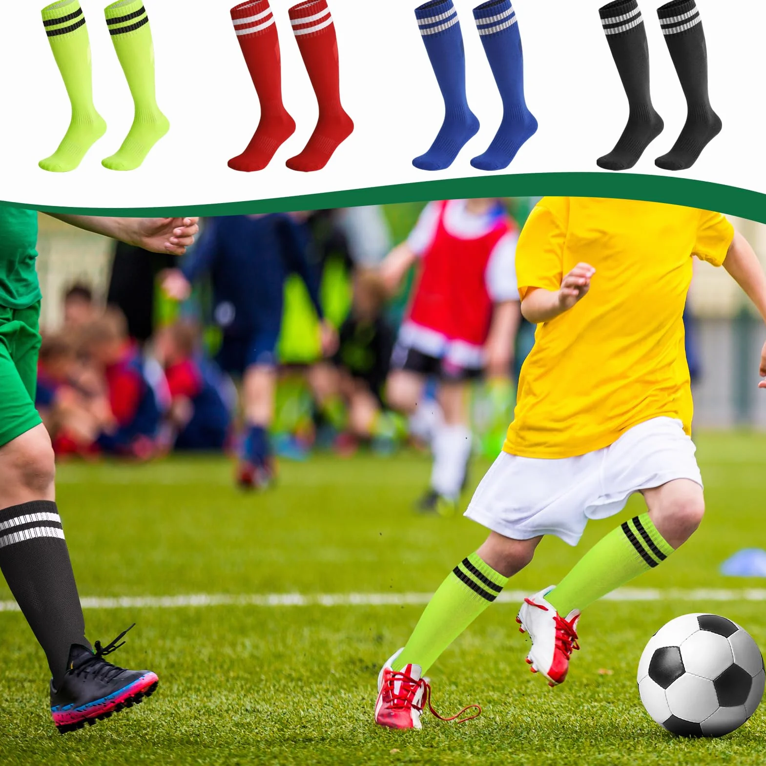Lot de 4 paires de chaussettes de football respirantes pour enfants 5-12 ans noir bleu rouge vert