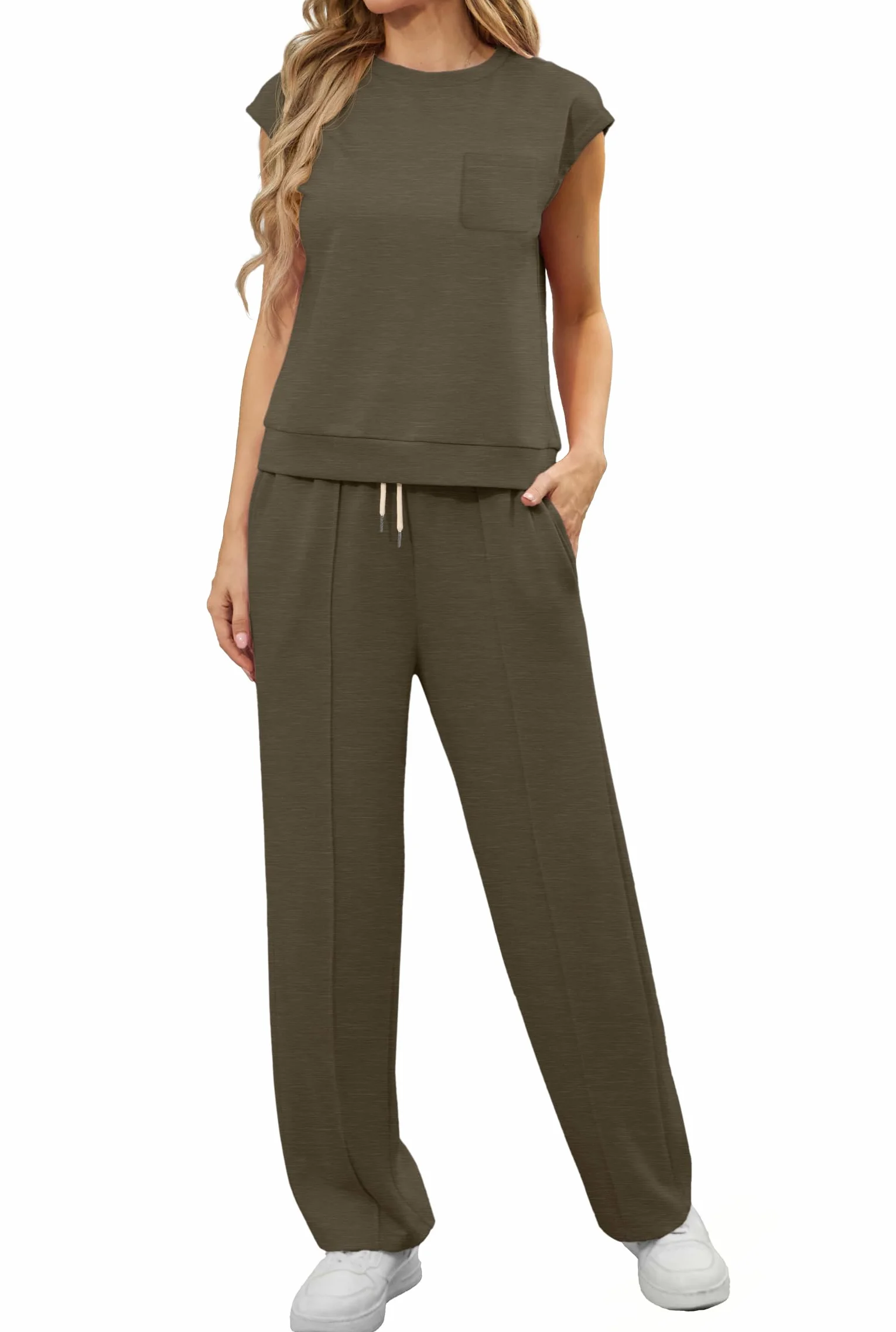 GRECERELLE Survêtement deux pièces Femmes Ensemble Casual Crew Neck Cap Sleeve Tops et Jogging avec Poches