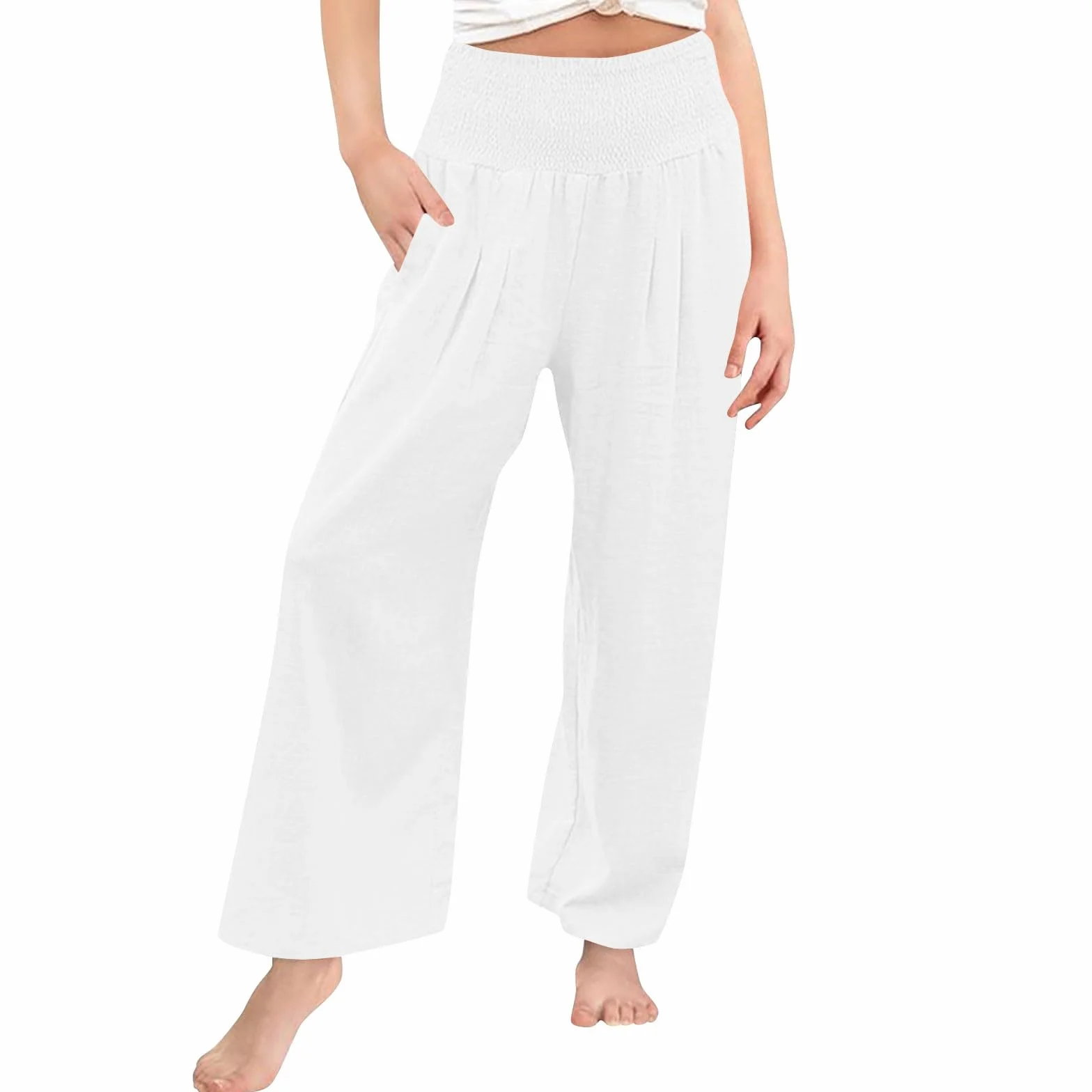 Pantalon en lin pour filles jambe large taille élastique léger respirant été décontracté ample doux confortable