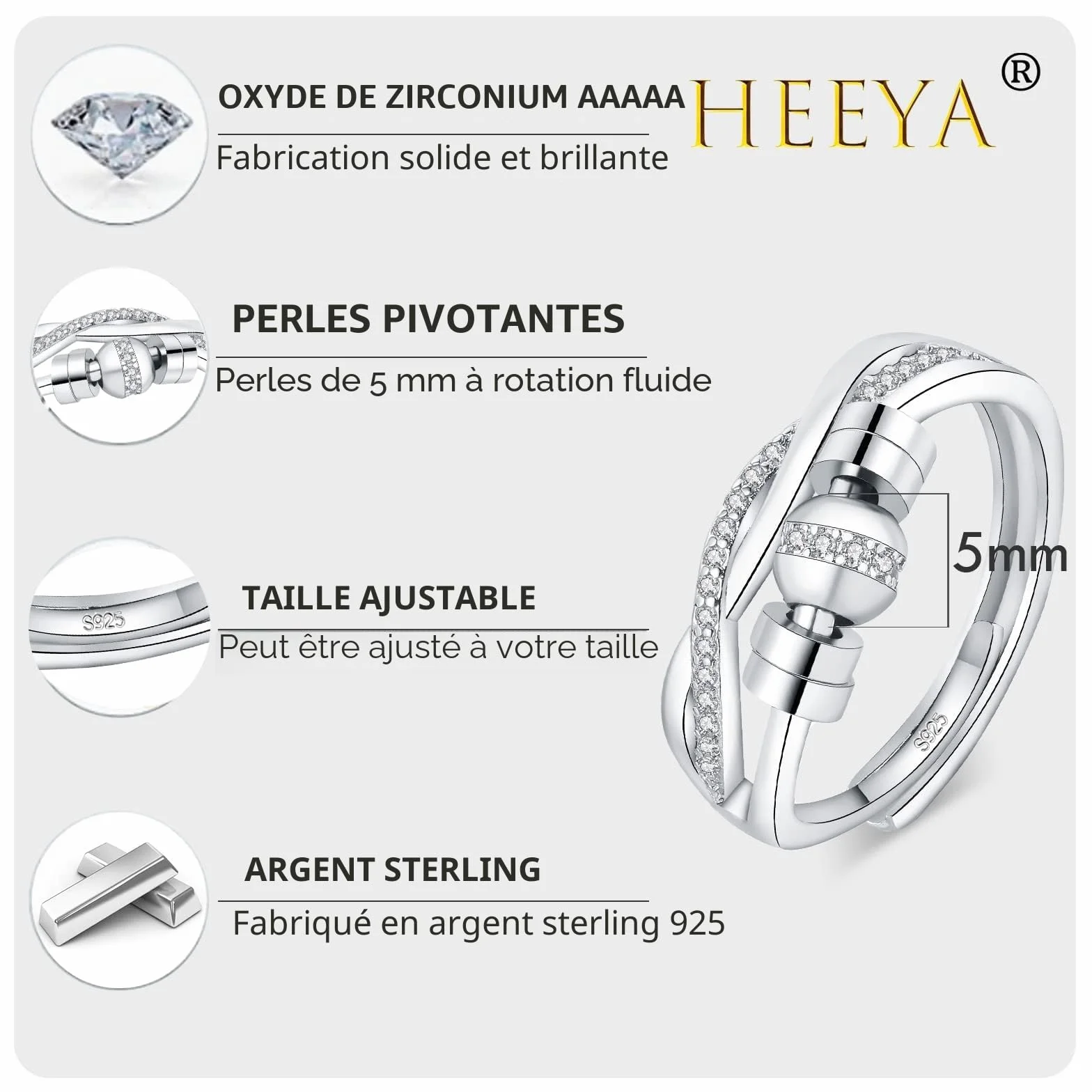 HEEYA Bague Anti Stress Femme Argent 925 Fidget Bague Anxiété Rotative Spinner Zircon Cubique