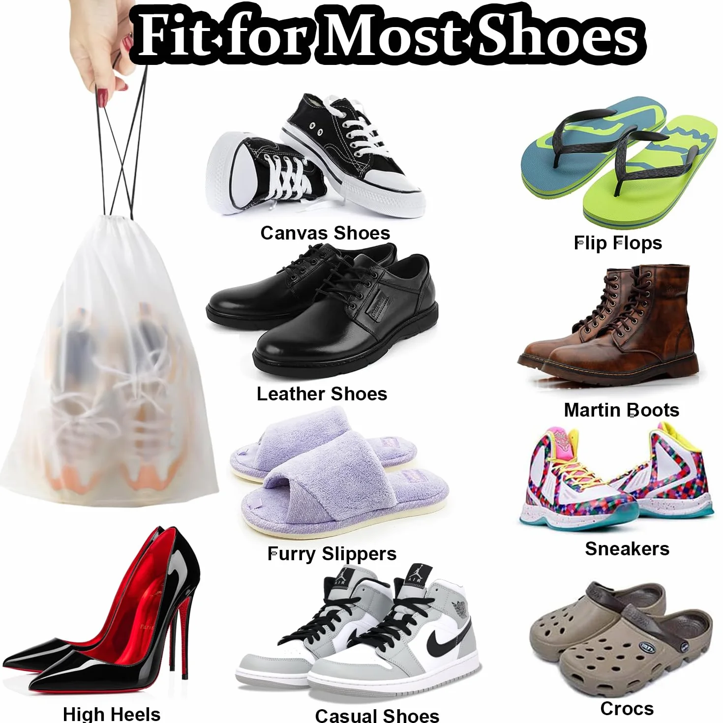 Sac à Chaussures de Voyage 5 Pièces Housses Transparentes Imperméables avec Cordon