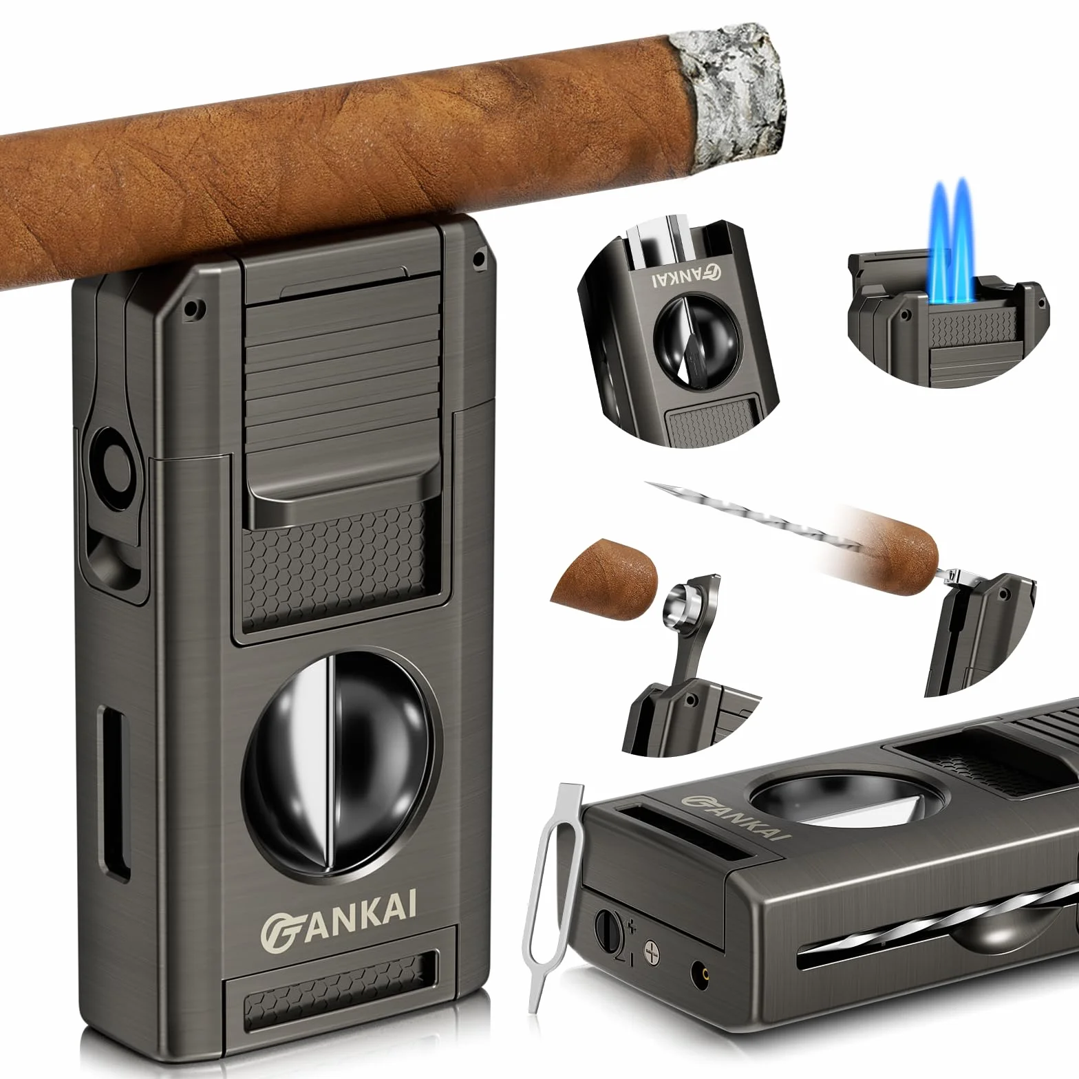 Allume-cigare, briquet à cigarettes 5 en 1 avec emporte-pièce en V, poinçon à cigarettes, support à cigares, jeu de poker à cigarettes, briquet au butane, flamme double jet, cadeau de