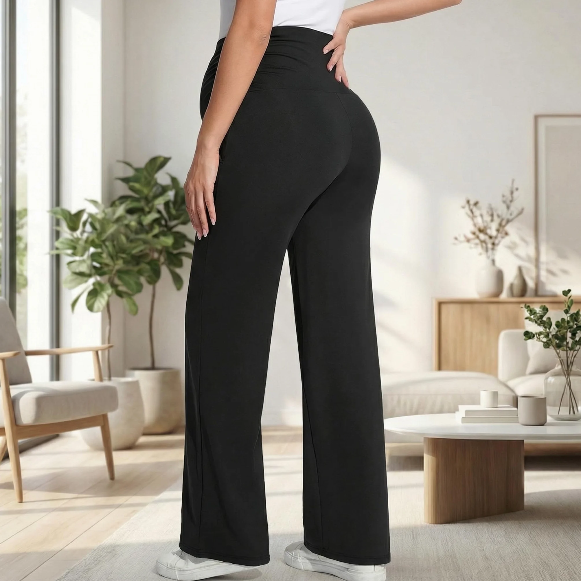 Pantalon de maternité à Jambes Larges pour Femme, Palazzo Doux avec Poches
