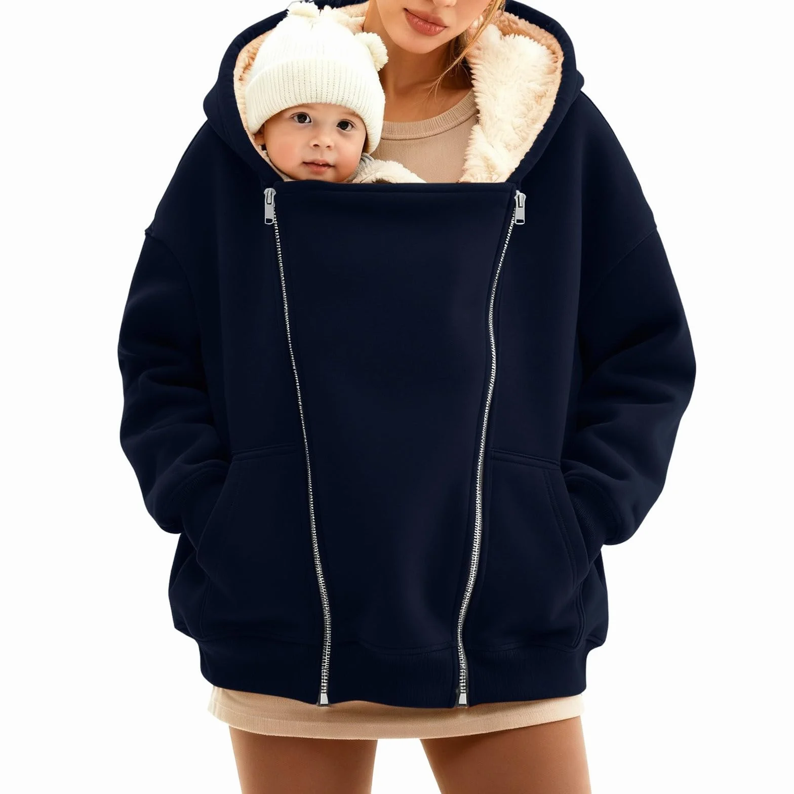 Veste de grossesse pour femme longue chaude en polaire et coton 2 en 1 avec poches