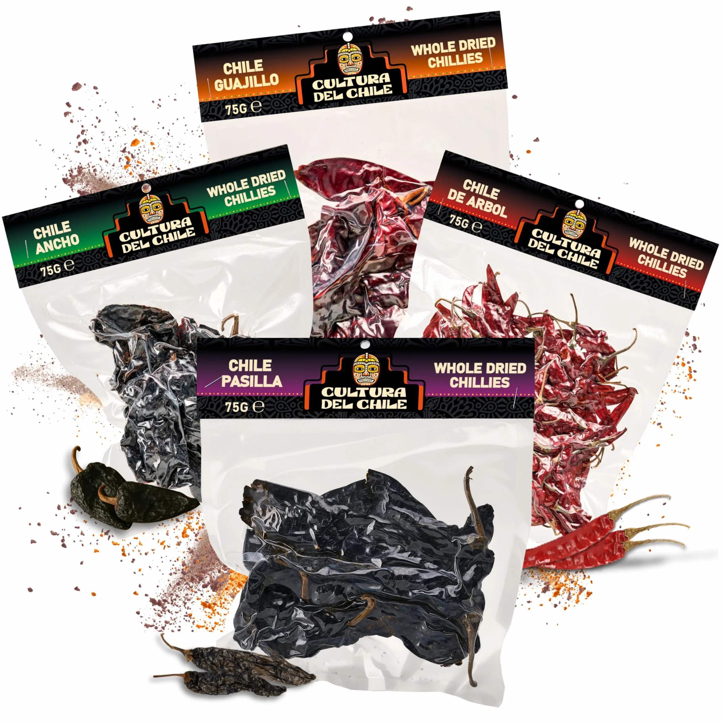 Piments secs entiers mexicains : ancho, guajillo, arbol et pasilla (300 g au total). Piments de base naturels pour un goût mexicain authentique. Idéal pour les tacos Birria, les taupes, les tamales et