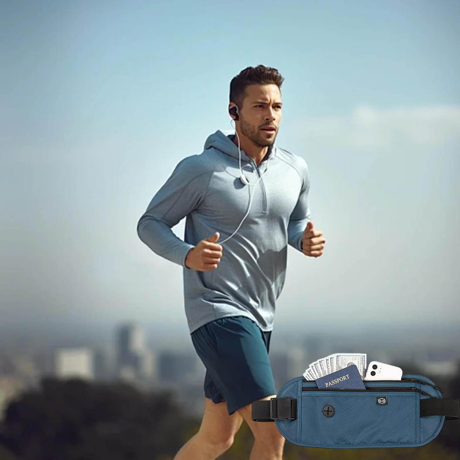 Ceinture de Voyage Sac Banane Antivol Caché Plat Réglable Homme Femme Passeport Smartphone Cartes Monnaie Clés Bleu Foncé
