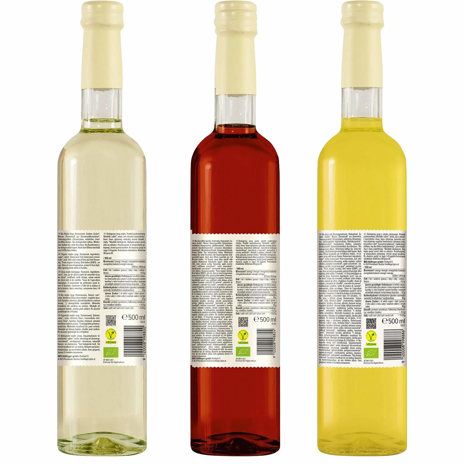Höllinger Lot de 3 Sirops Bio Sans Alcool, Mojito Citron Vert & Menthe, Aperitivo Orange Amère, Limoncello Citron, 500ml Chacun, Ratio 1:9