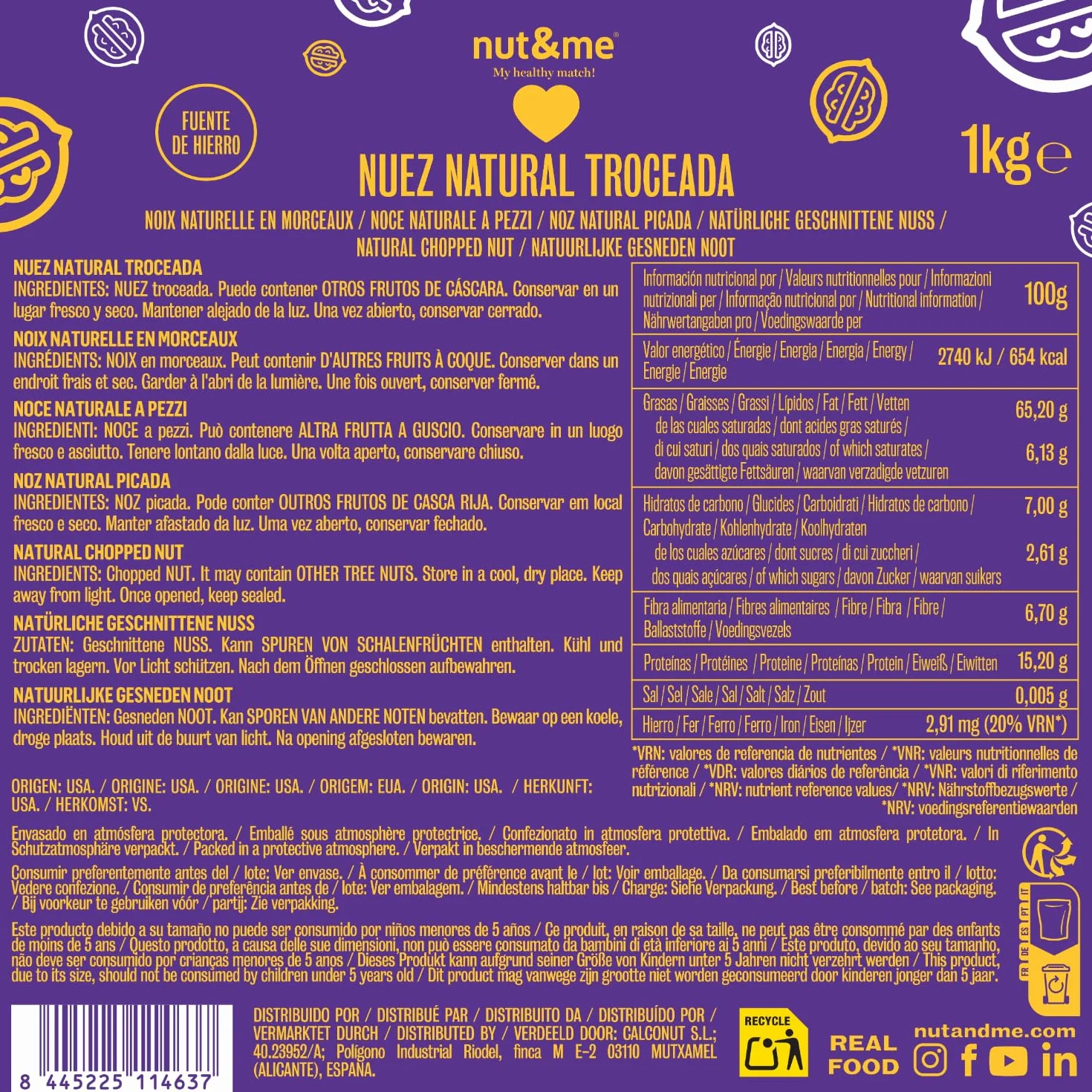 Cerneaux de noix naturelle décortiquée 1 kg nut&me | Sans additifs ni conservateurs | Sans gluten | Vegan | Fruits secs naturels | Riche en fibres | Source de fer | Lot de 1 kg