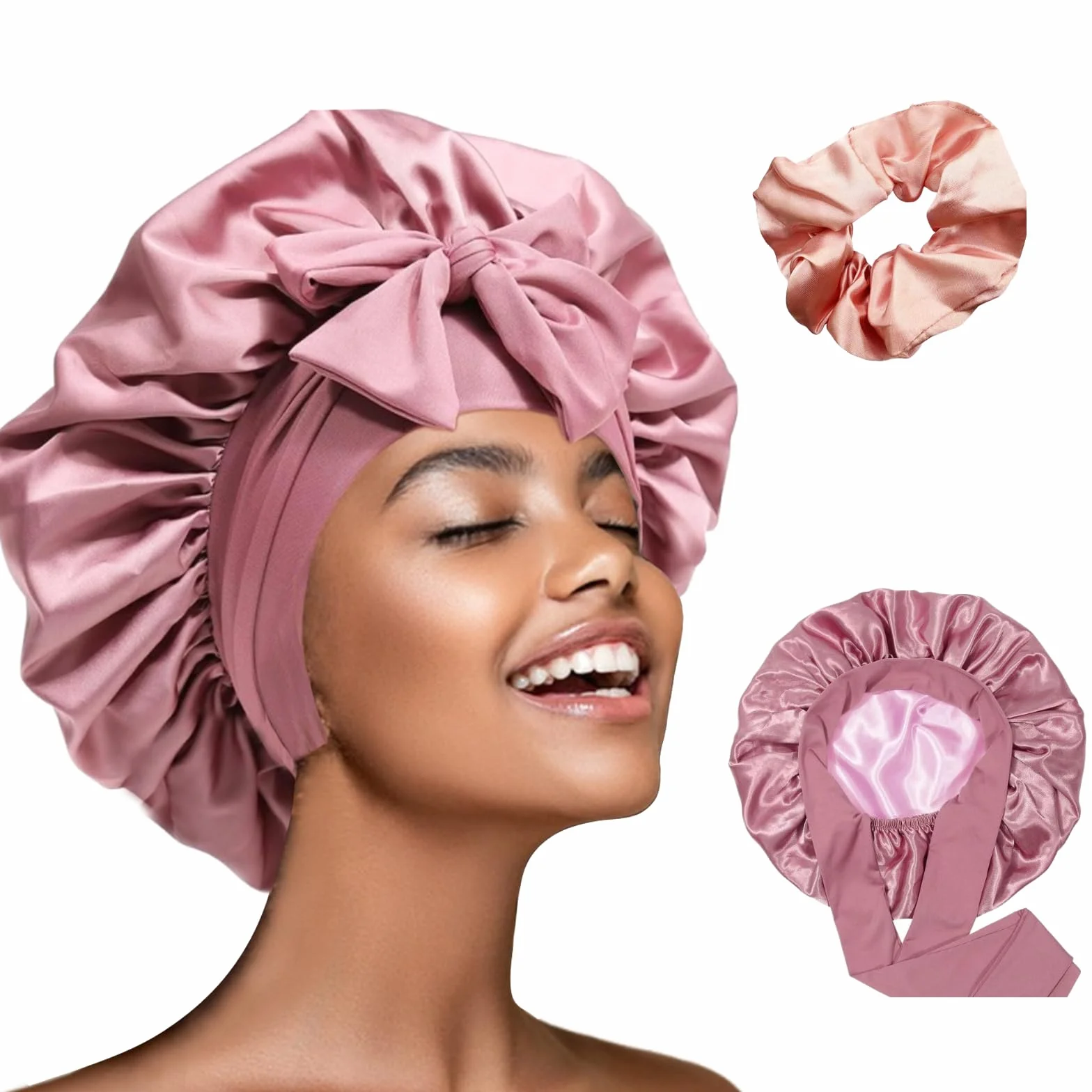Bonnet en soie pour dormir avec chouchou - Bonnet de sommeil en satin de soie pour femme Rose M