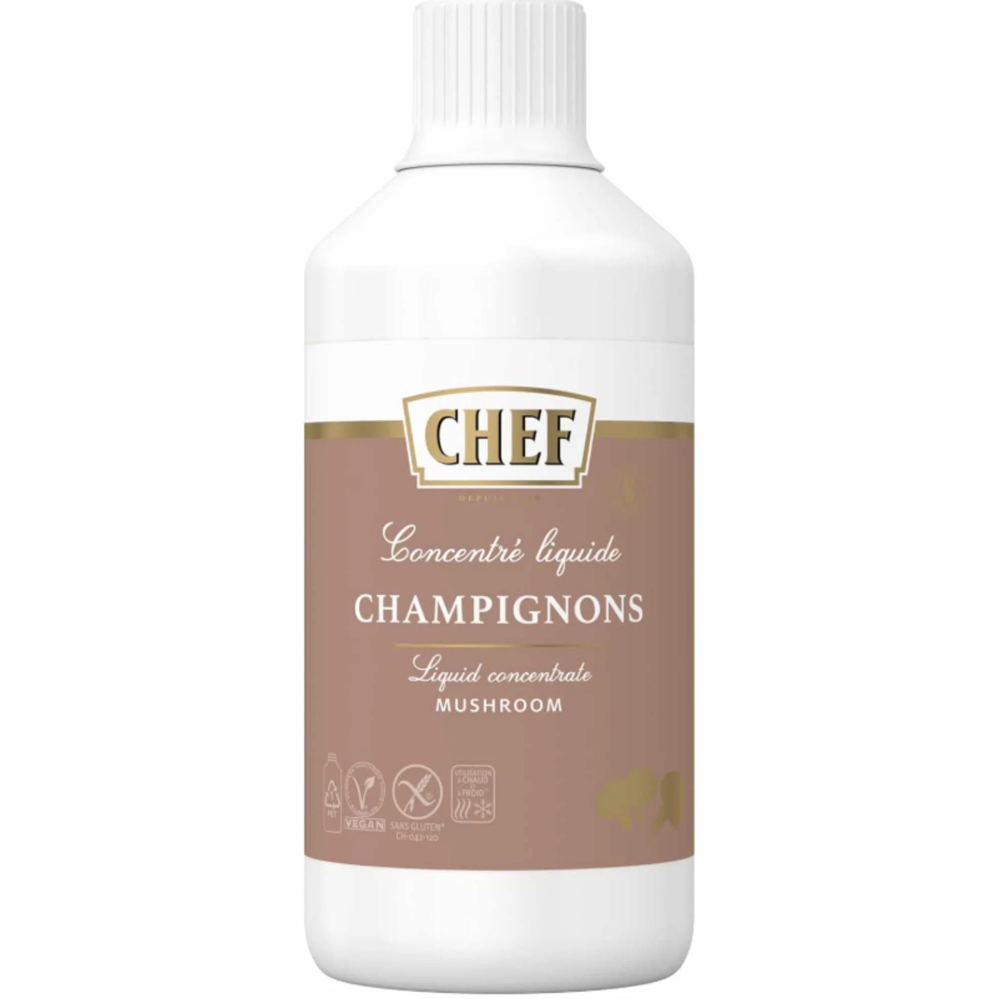 CHEF Concentré Liquide Champignons - A base de 40% de Champignons Réhydratés - Utilisable à Chaud et à Froid - Gain de temps - Aide Culinaire, Sauce, Fonds, Fumet - Bouteille de 980 ml