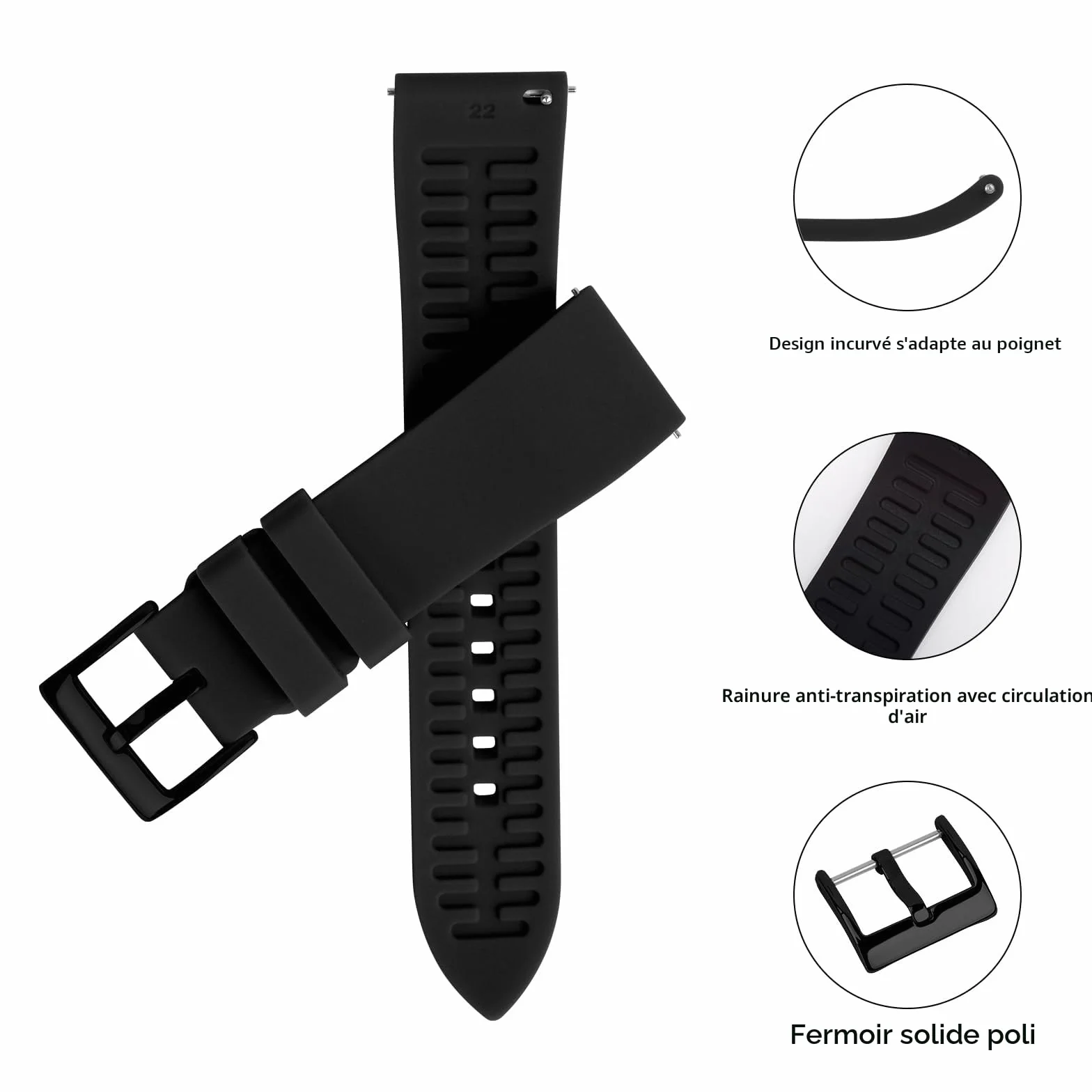 Montre Silicone Bracelet Noir Dégagement Rapide Intelligente Souple Caoutchouc Boucle Replacement 18mm 19mm 20mm 21mm 22mm 24mm
