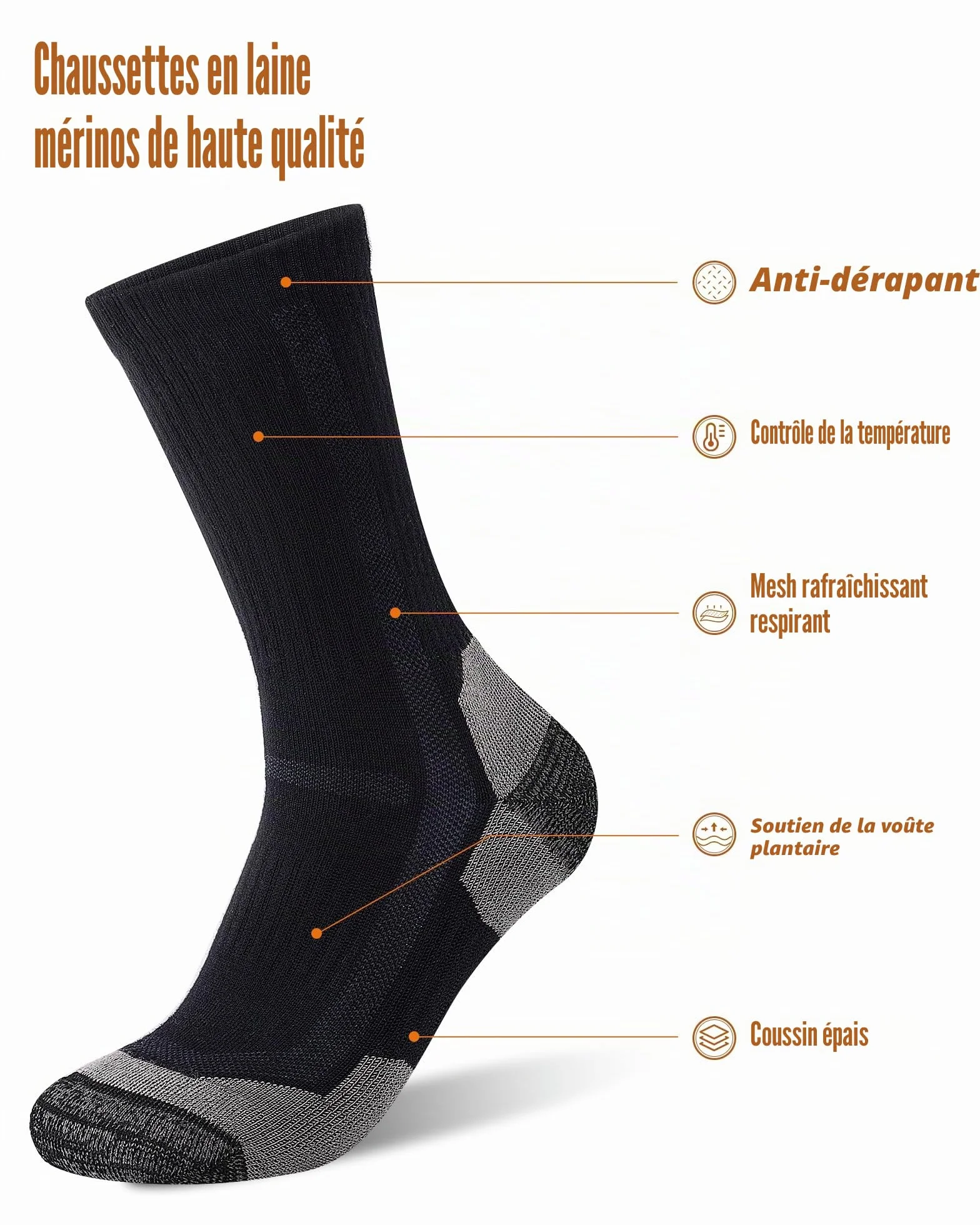 SockWaddles Chaussettes Randonnée Homme Femme Laine Mérinos Respirantes Amortissantes Trekking Course 3 Paires