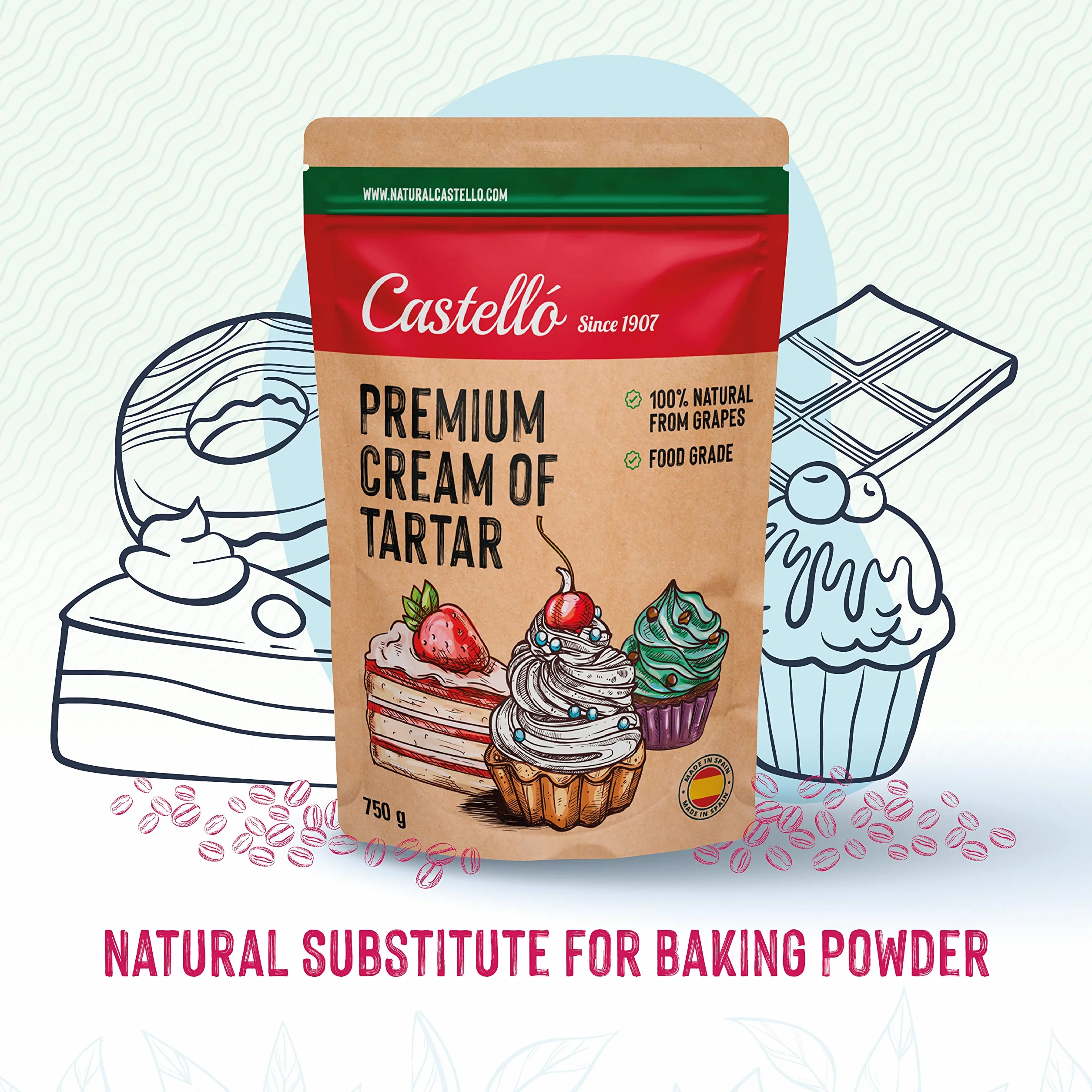 Castello since 1907 Crème de tartre 750 g | 100% Naturel, Substitut Naturel de la levure chimique, Sans Gluten, Sans Phosphates, Keto et Paleo