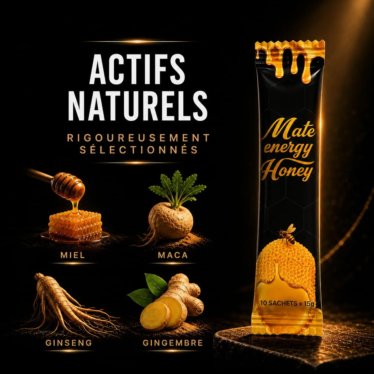 Beehon Miel en Sticks 100% Naturel – 10 Sachets Individuels x 15g – Ginseng, Gingembre Noir, Maca x 15g – Produit Alimentaire à Base de Miel et Extraits Végétaux