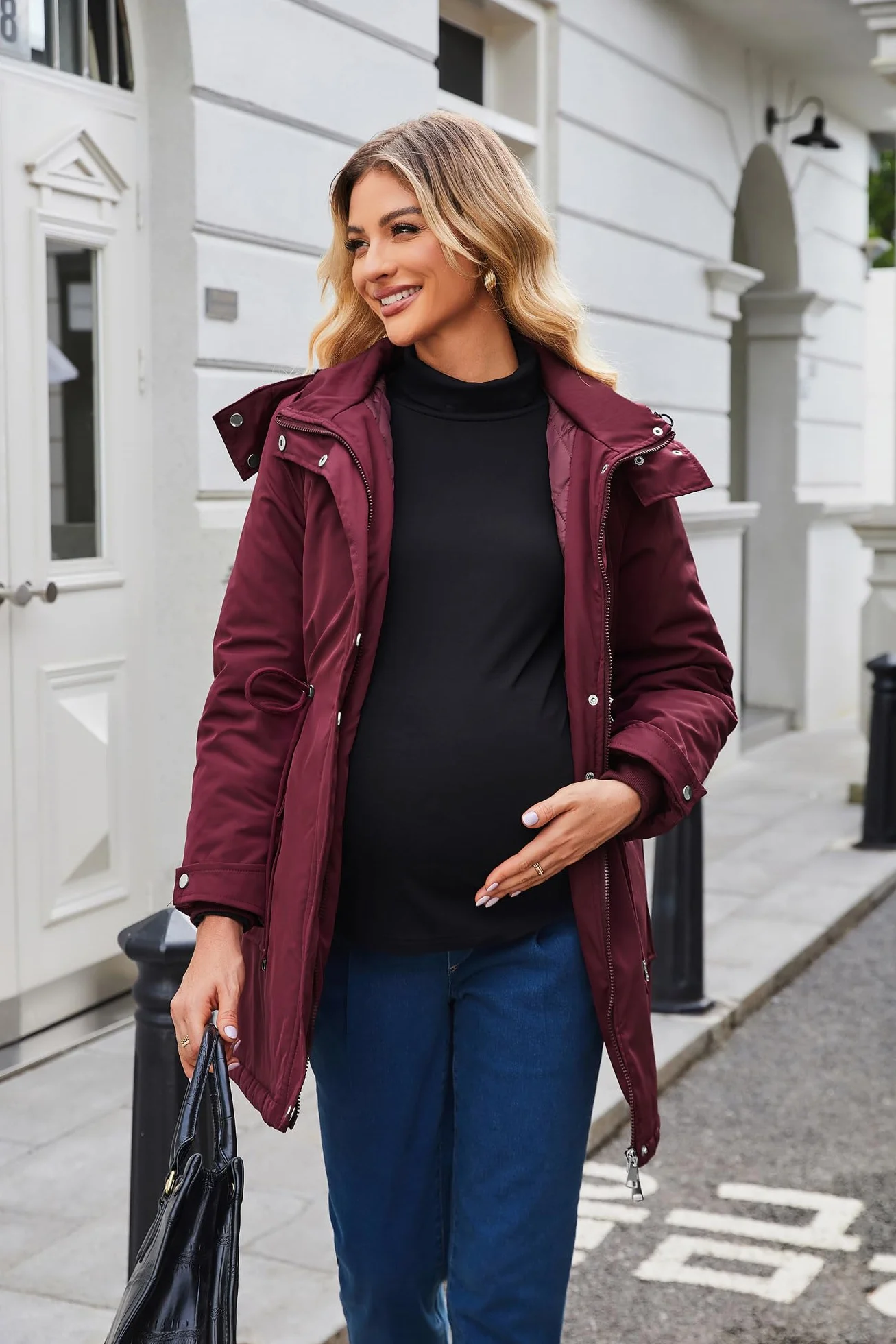 Maacie Veste de maternité matelassée en coton pour femme enceinte, manteau chaud à capuche