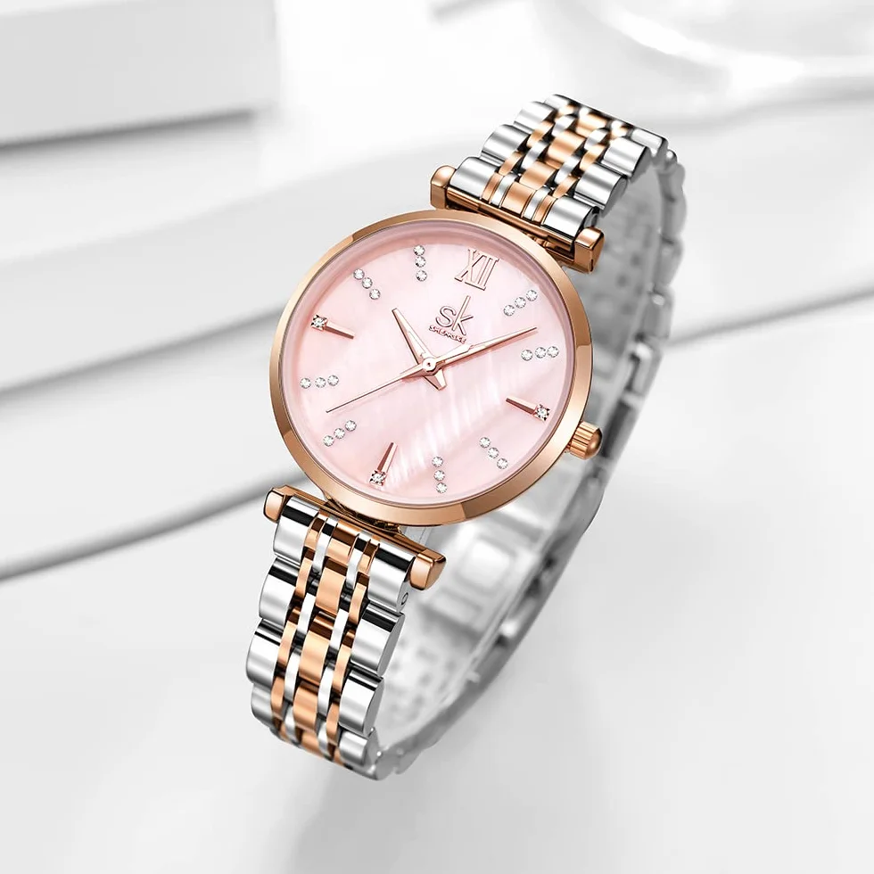 SHENGKE SK Montre Classique pour Femme avec Bracelet en Acier Inoxydable et Cuir véritable