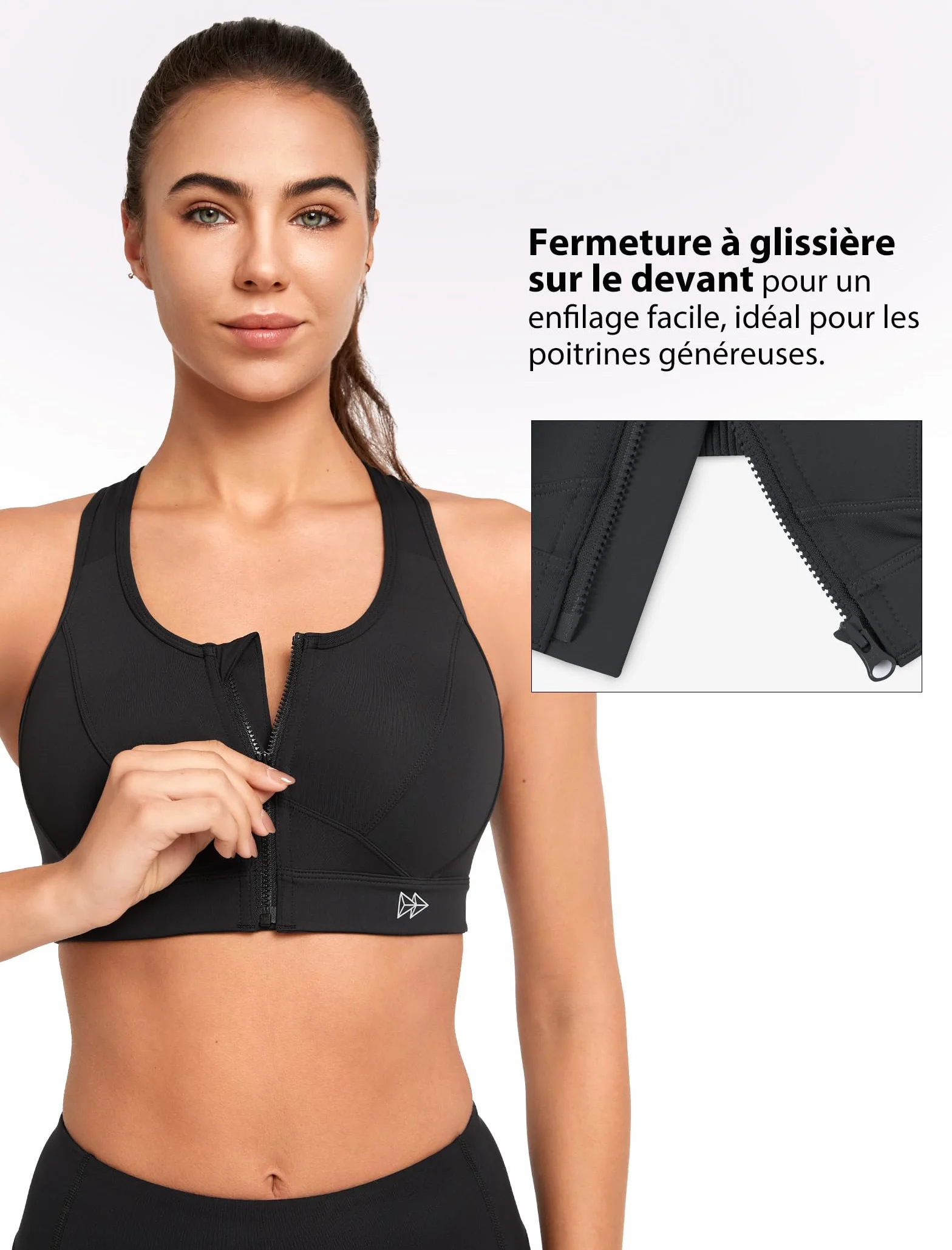Yvette Soutien-Gorge de Sport Zippée Devant Dos Nageur avec Coussinets Soutien Élevé Femme
